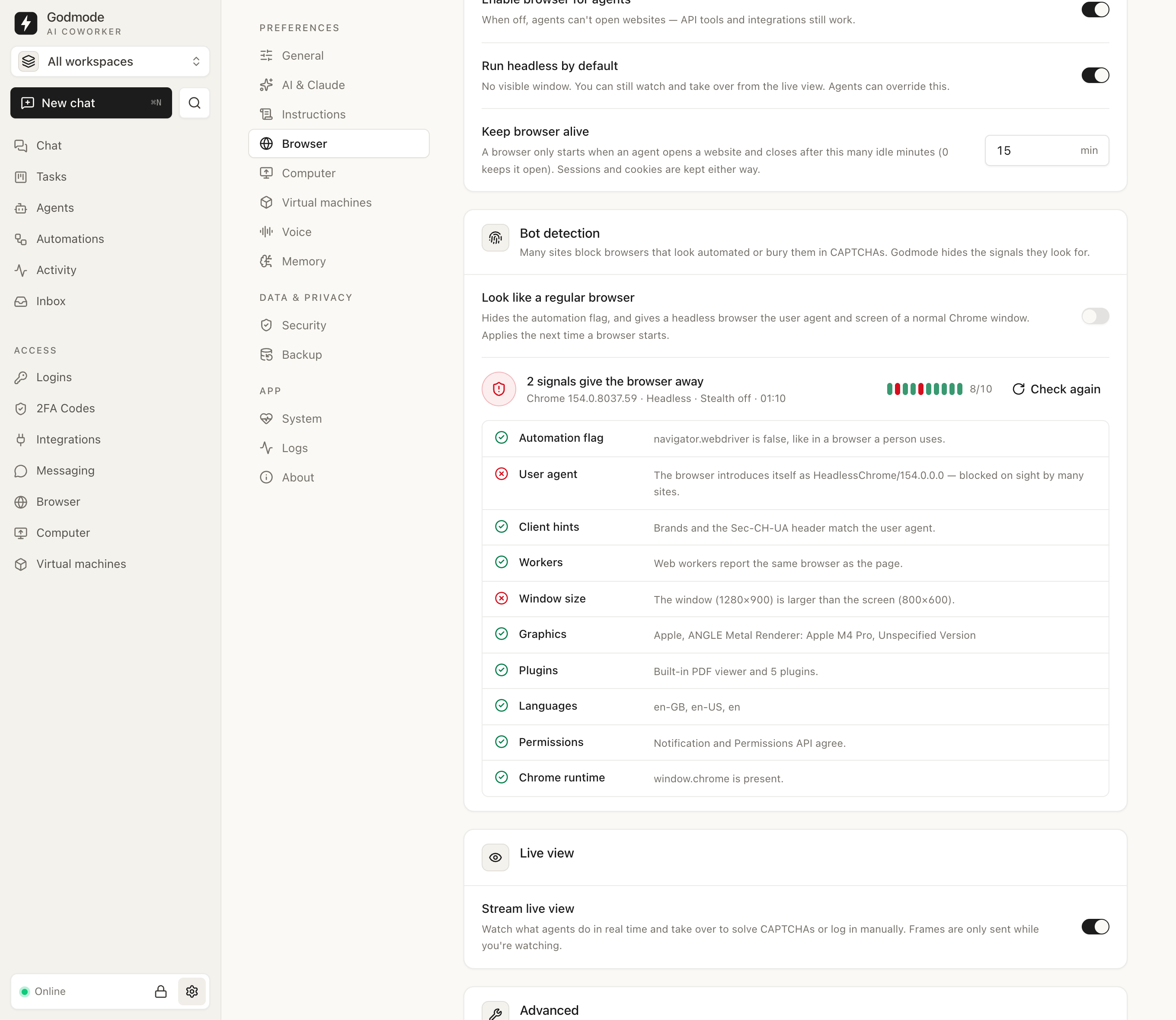 Bot check without hardening: the headless user agent and screen give the browser away