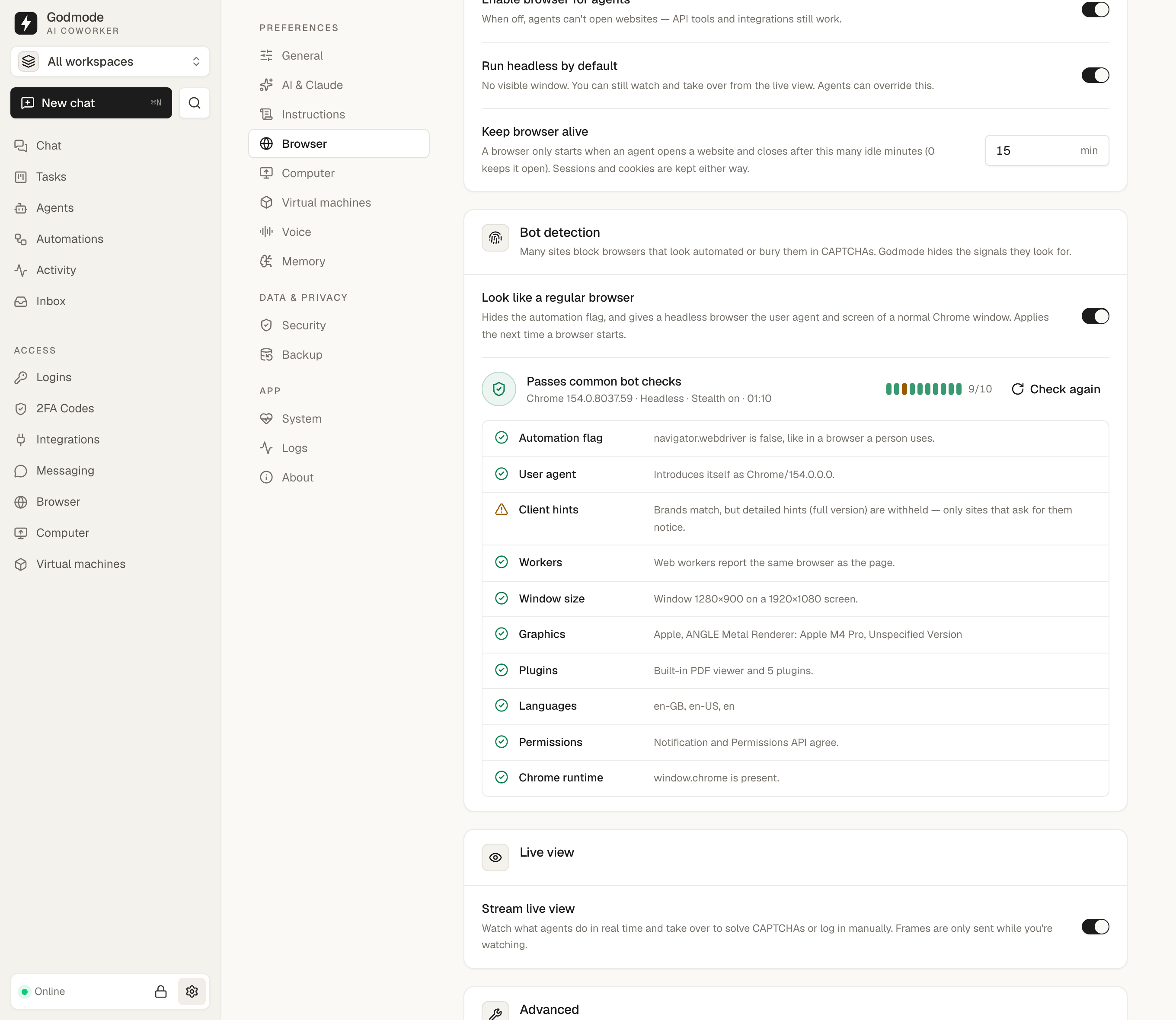 Bot check of a hardened headless browser: 9 of 10 checks pass