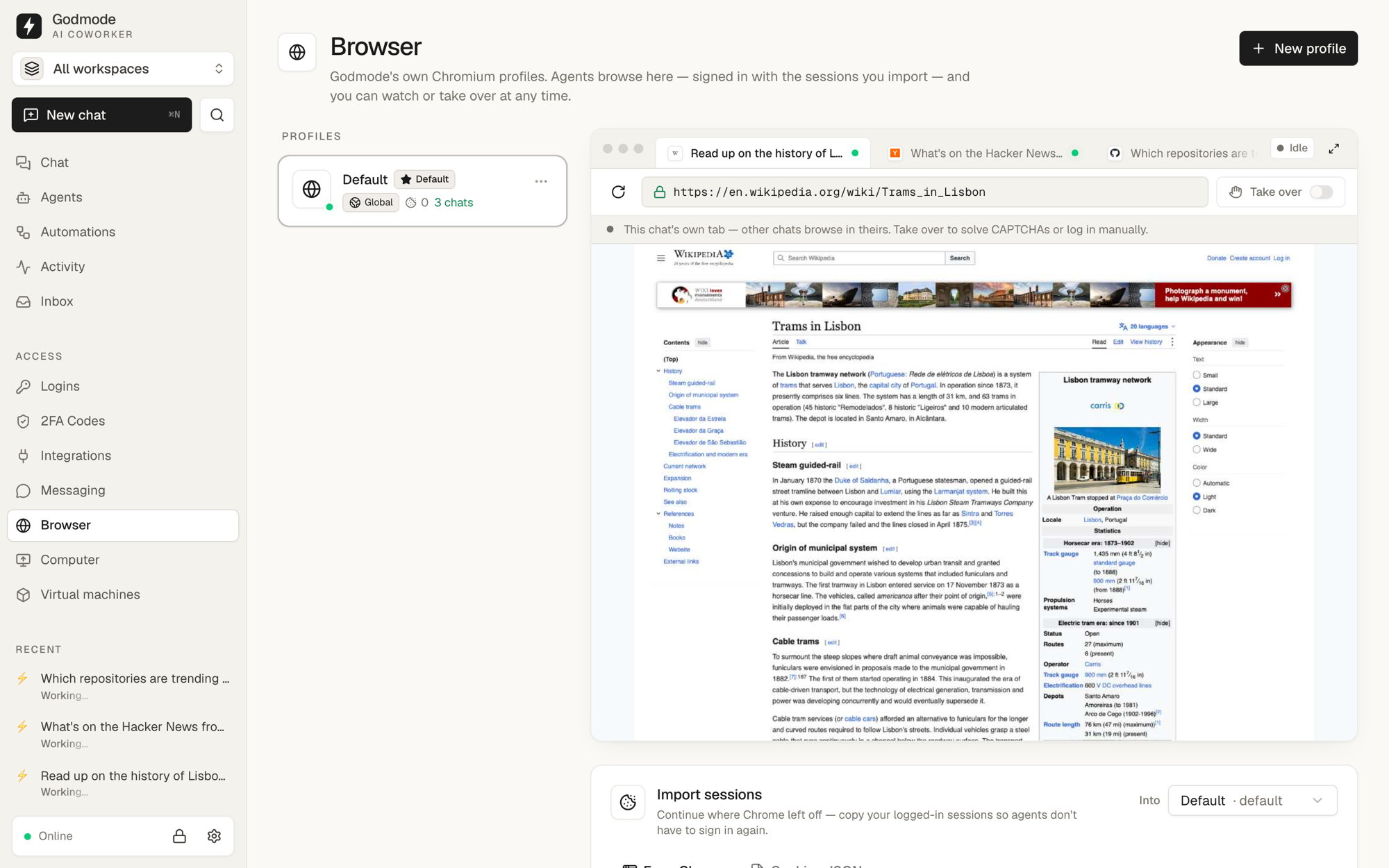 Browser page with one tab per chat browsing in the profile