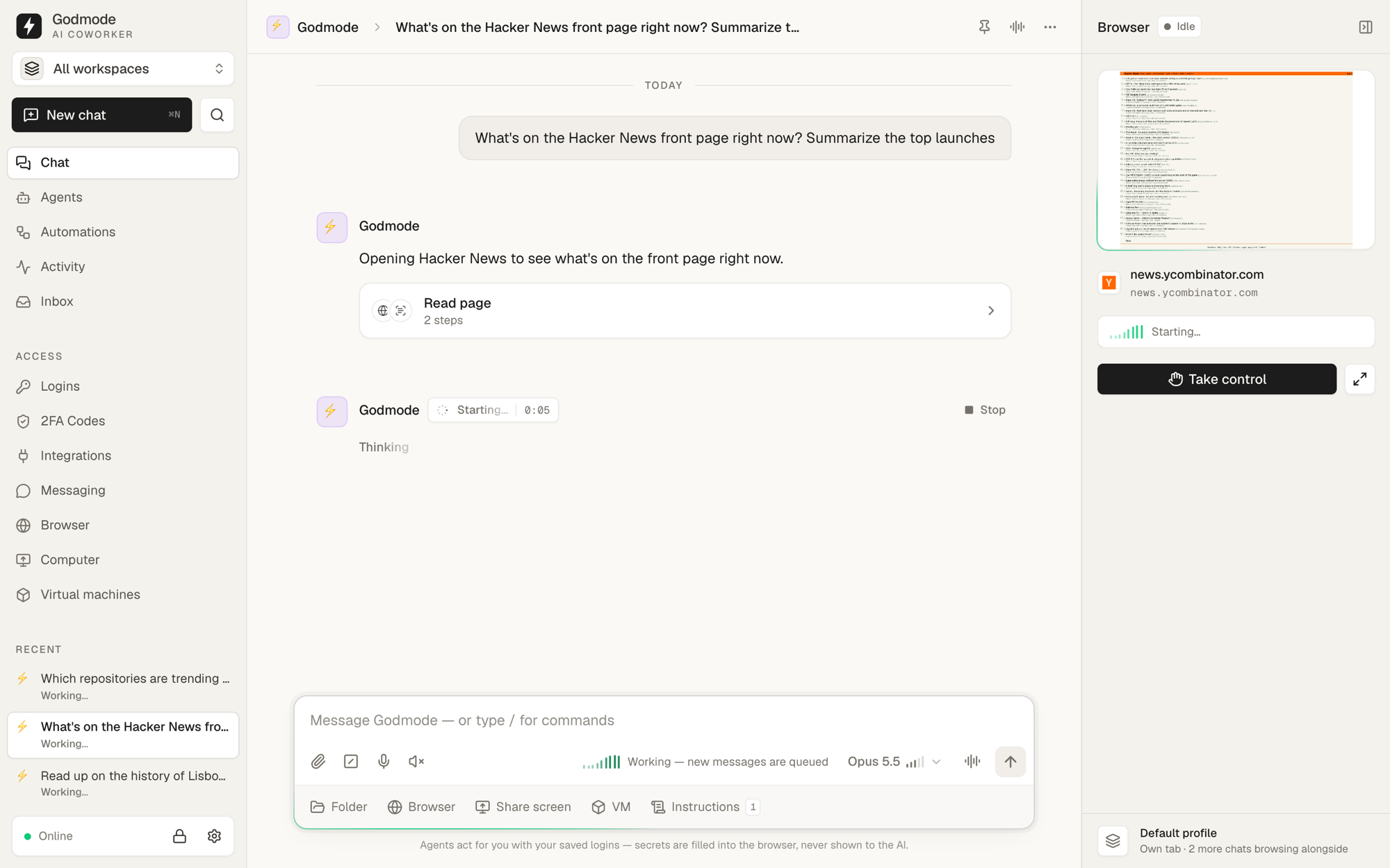 A chat next to a live preview of its own browser tab