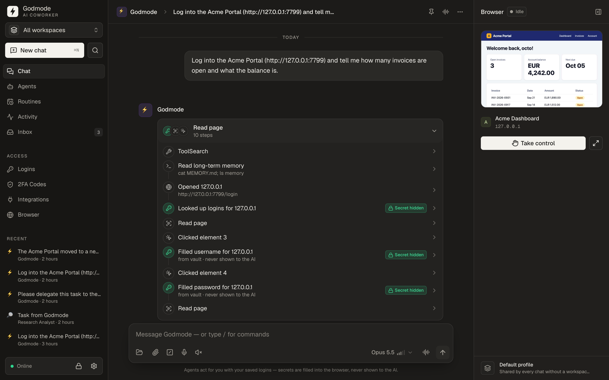Godmode logging into a portal with a password and 2FA code from the vault — never shown to the AI — next to a live preview of its browser
