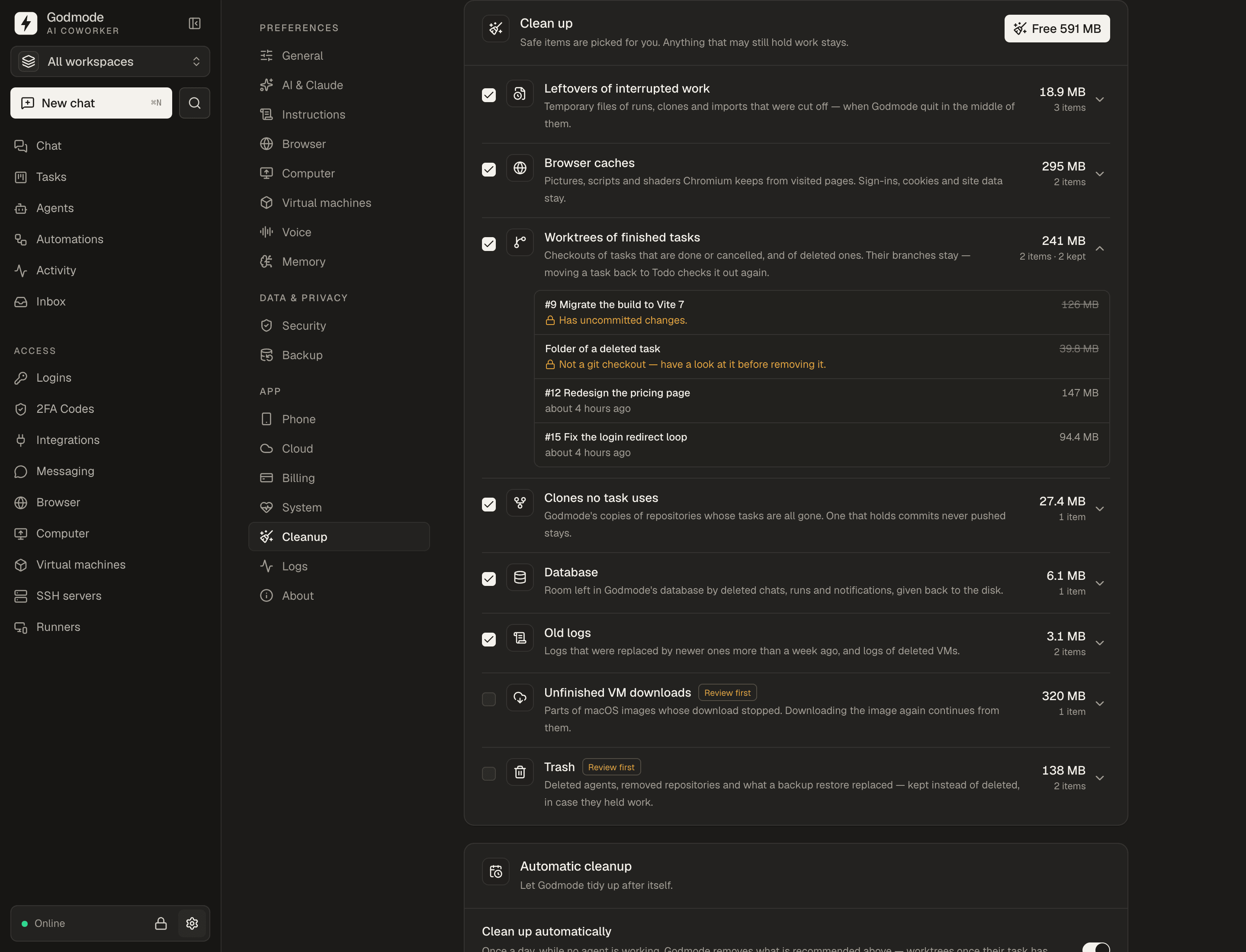 What can go: leftovers, browser caches, worktrees of finished tasks, unused clones, database, logs, trash