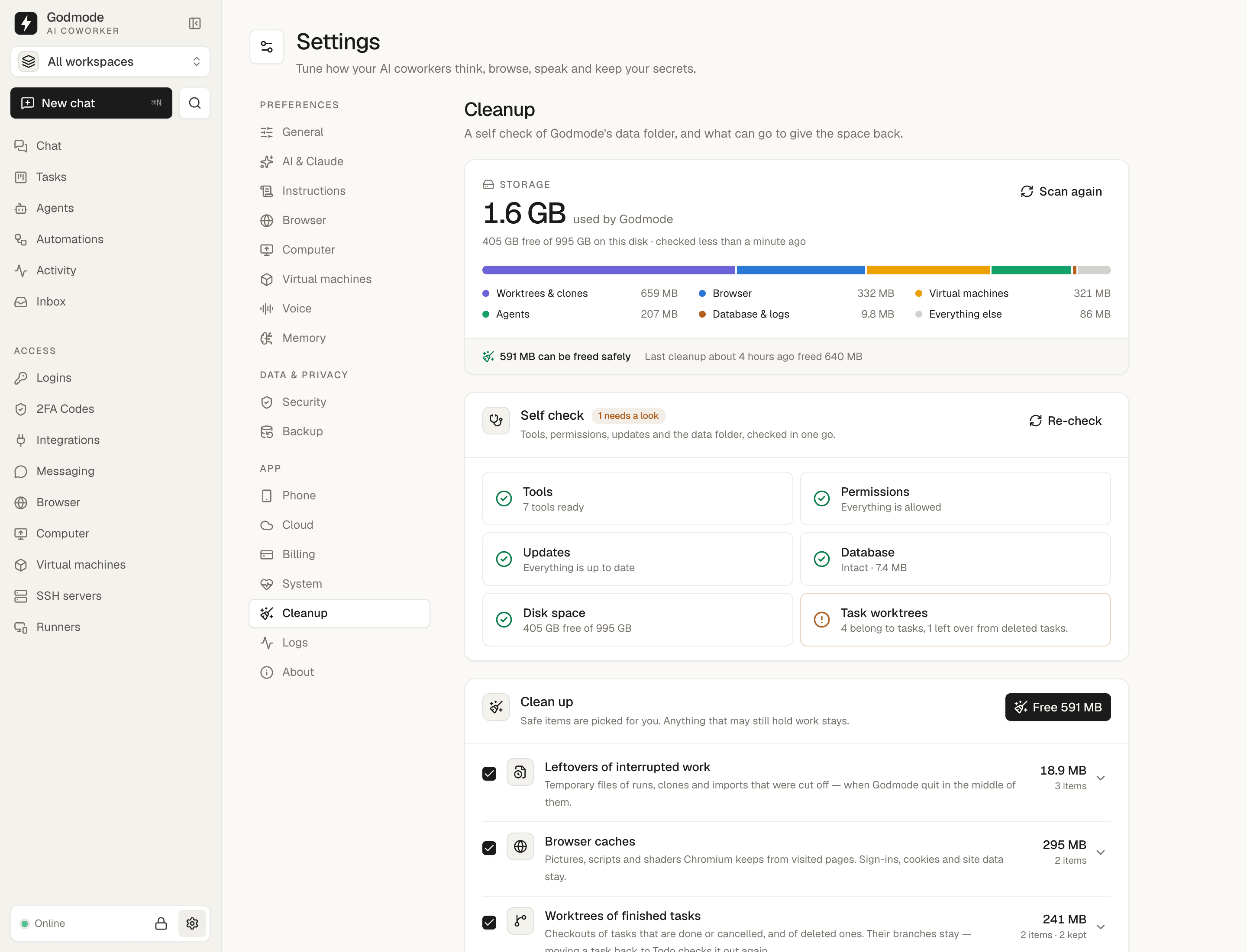 Settings → Cleanup: storage by area, a self check of tools, permissions, updates, database, disk and worktrees
