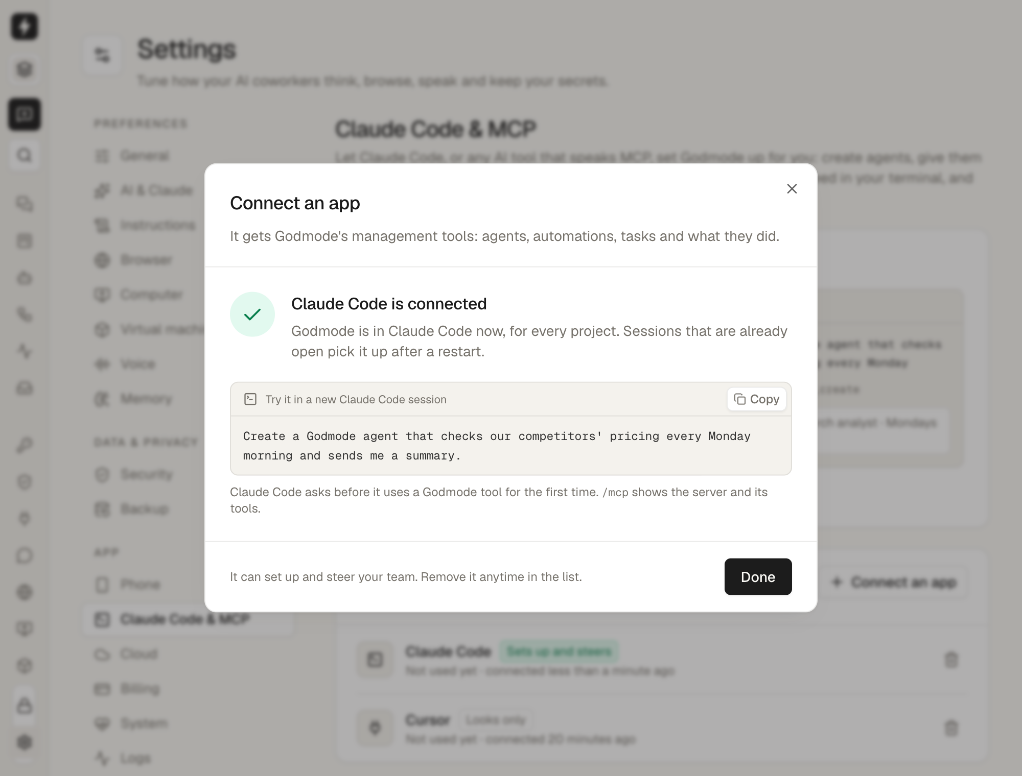 Claude Code connected in one click, with a first prompt to try