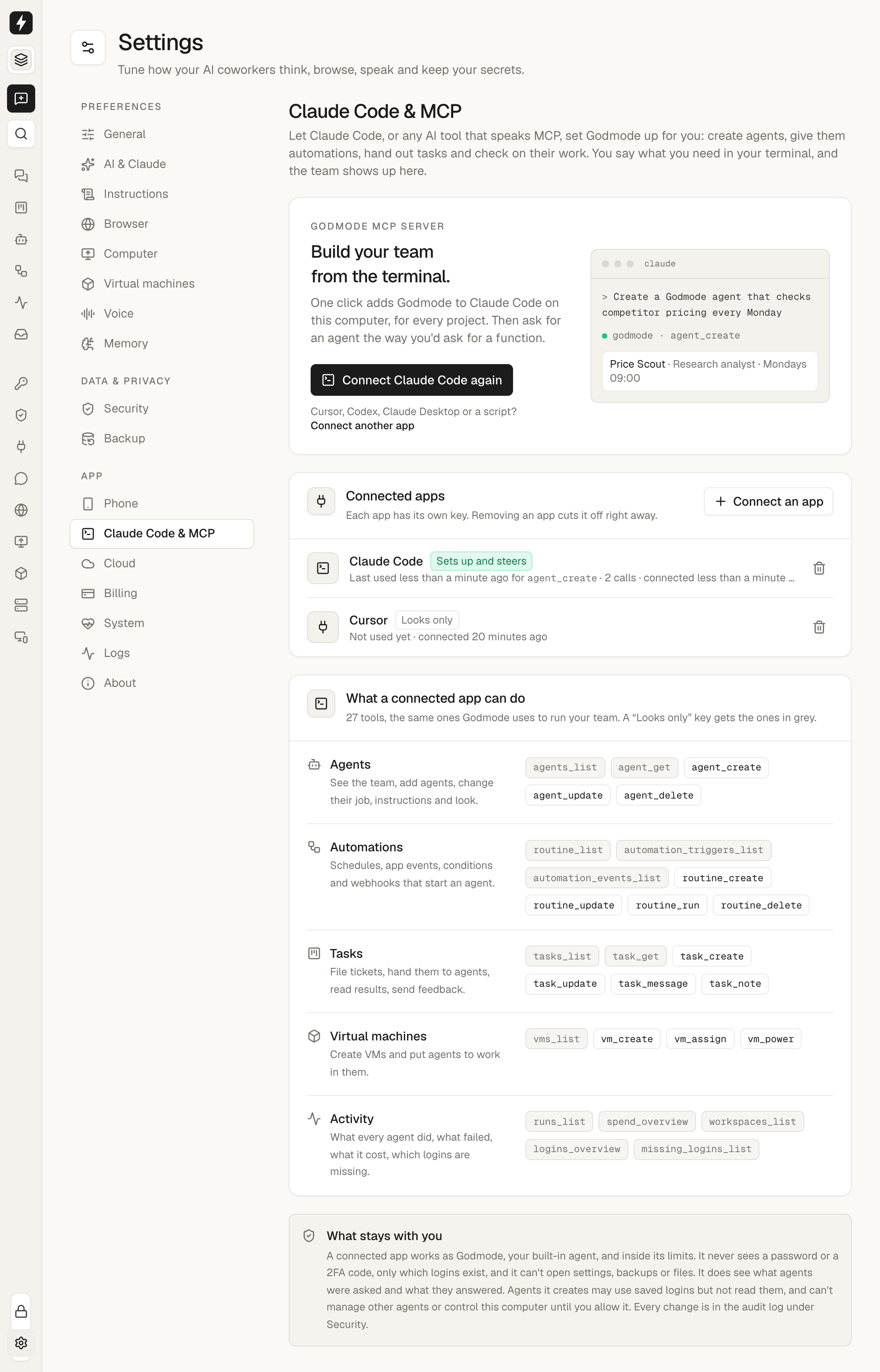 Settings: Claude Code and MCP, with the connected apps and the tools they can call