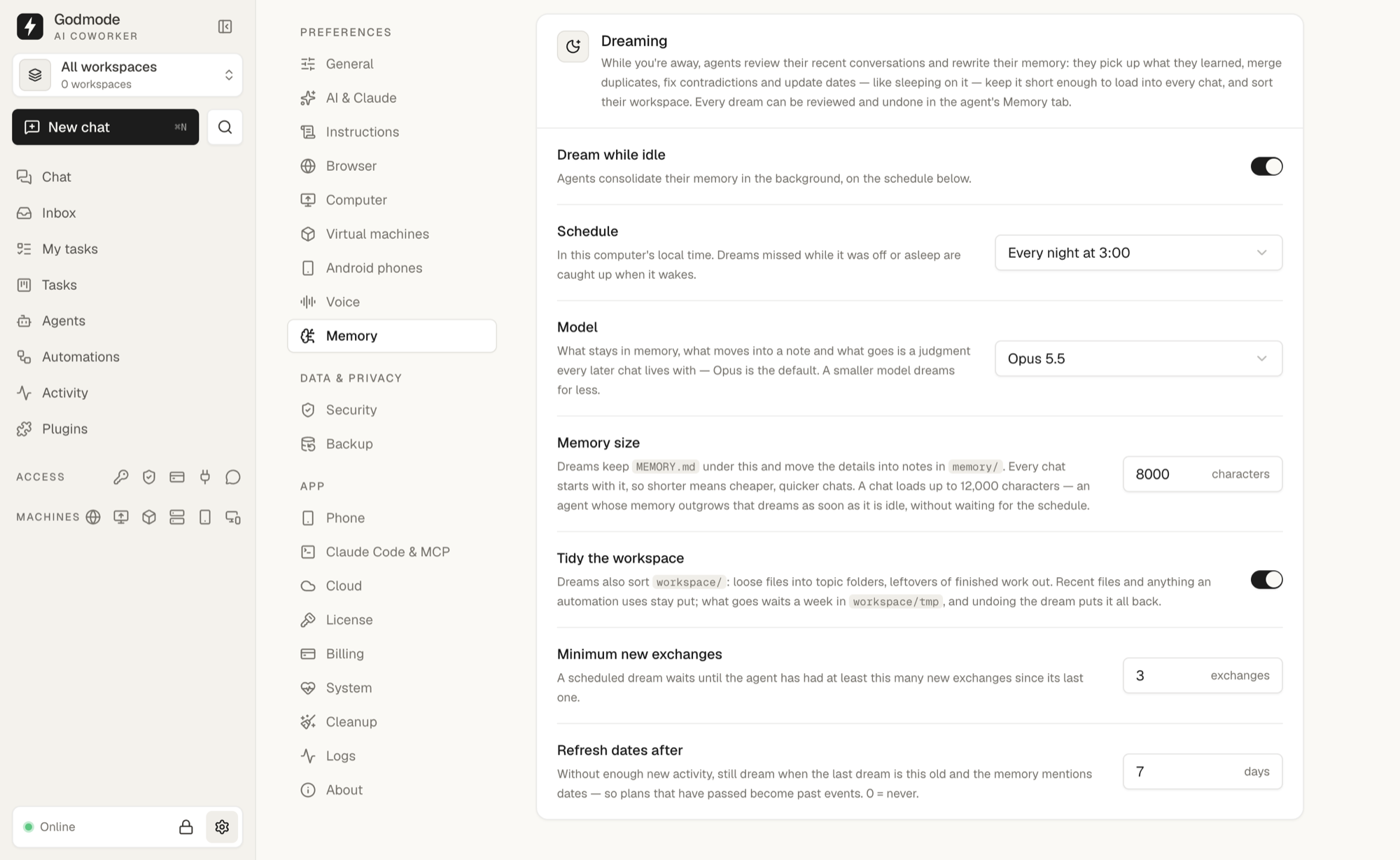Dreaming settings: schedule, the model that dreams and the size MEMORY.md is kept under