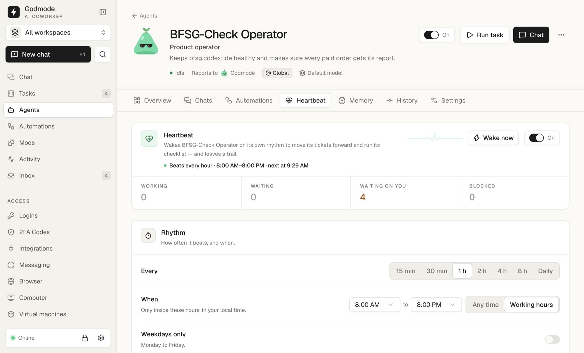 An agent's Heartbeat tab: on, beating every hour in working hours, with its board