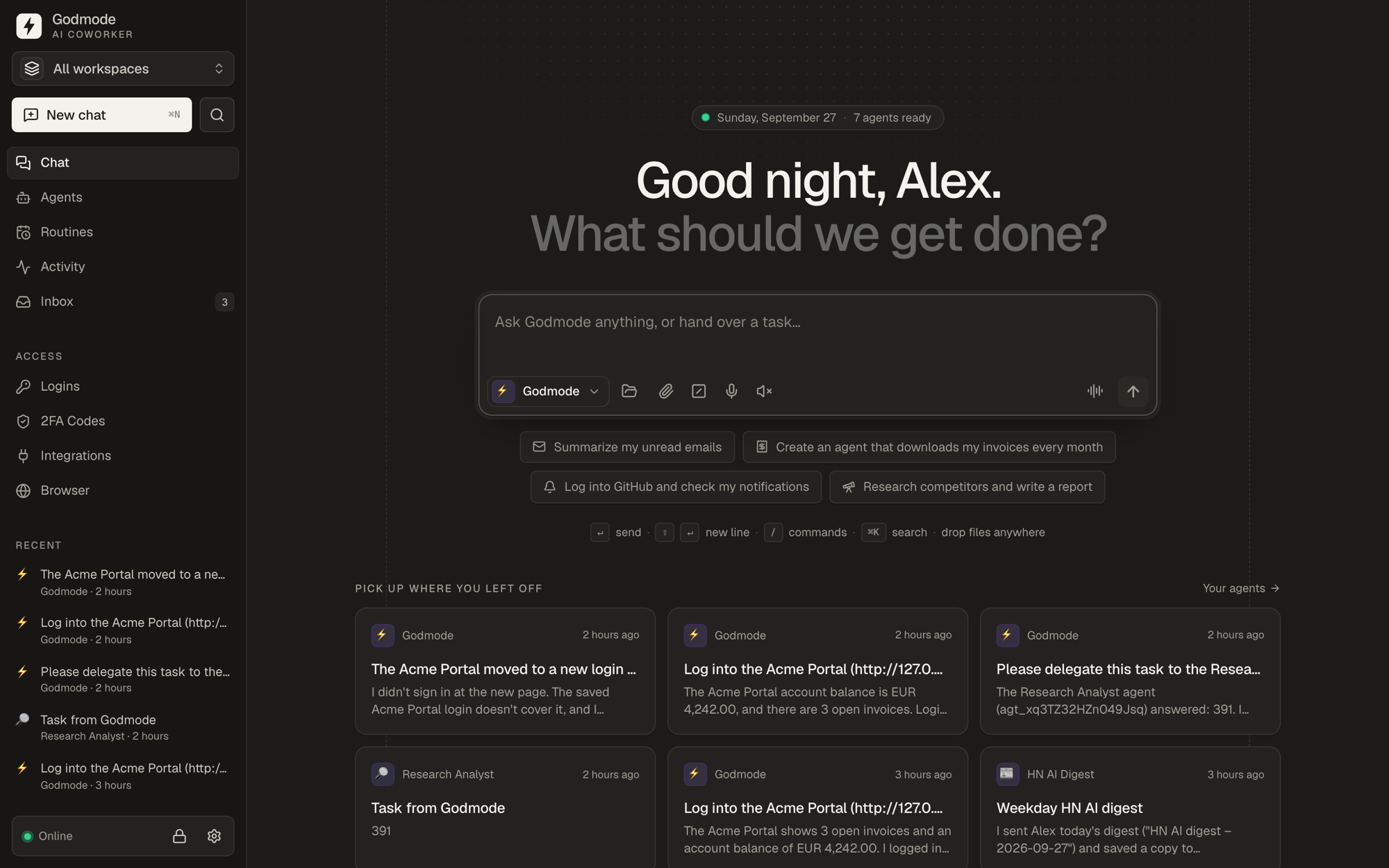 Home — start a chat with your AI coworker