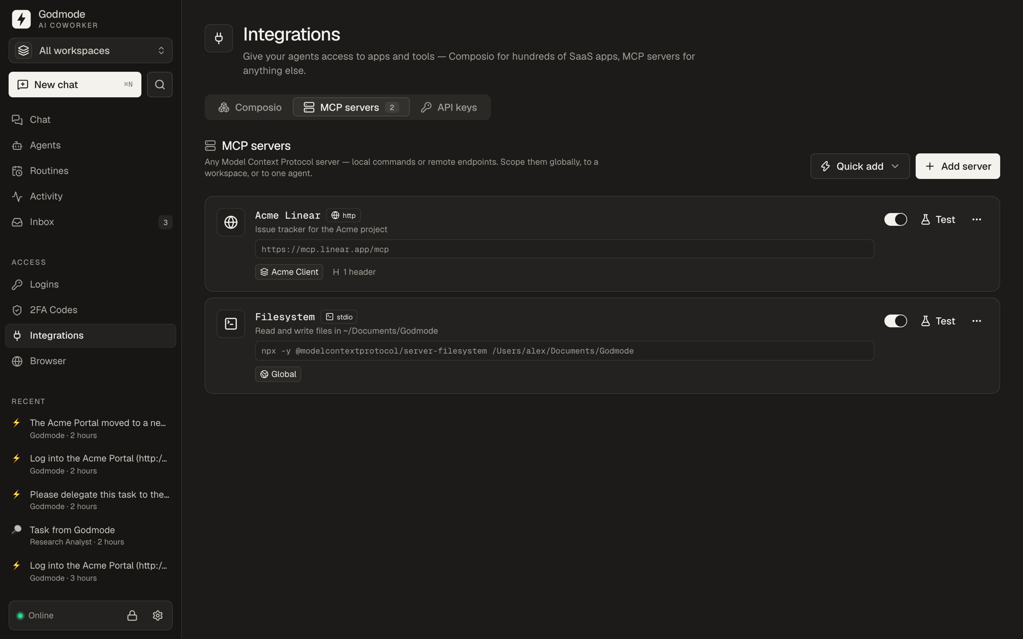 Custom MCP servers and Composio integrations