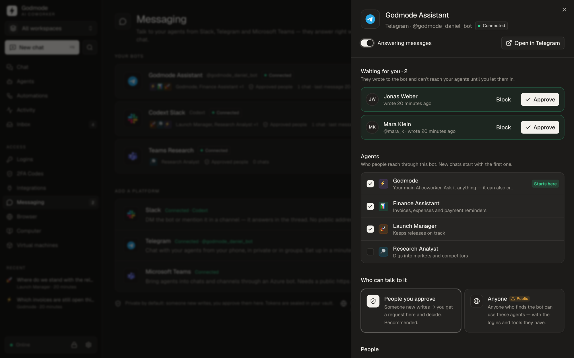 A bot's access requests, agents and who may use it