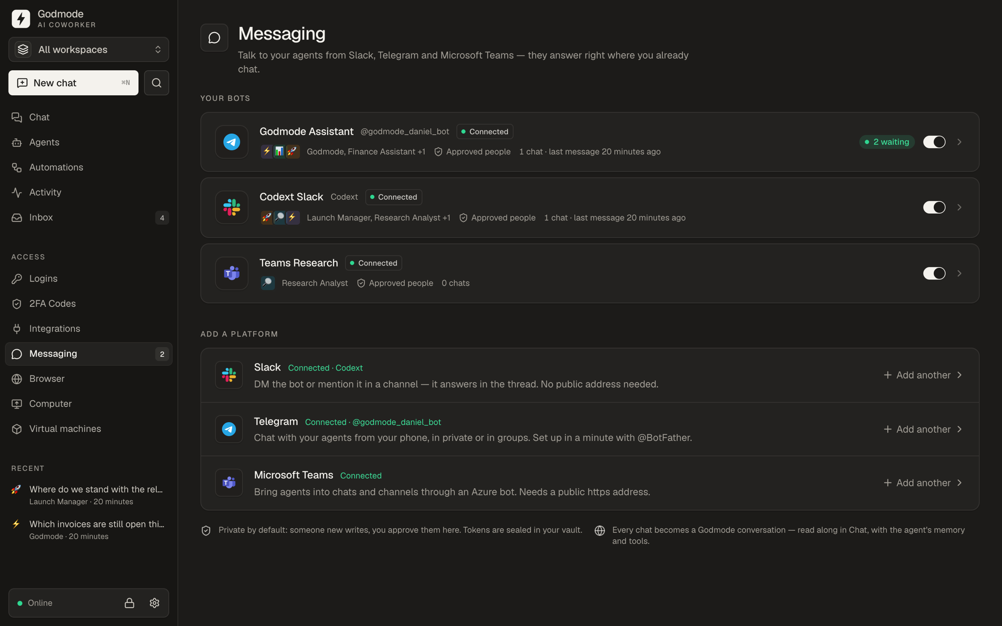 Slack, Telegram and Teams bots connected to agents