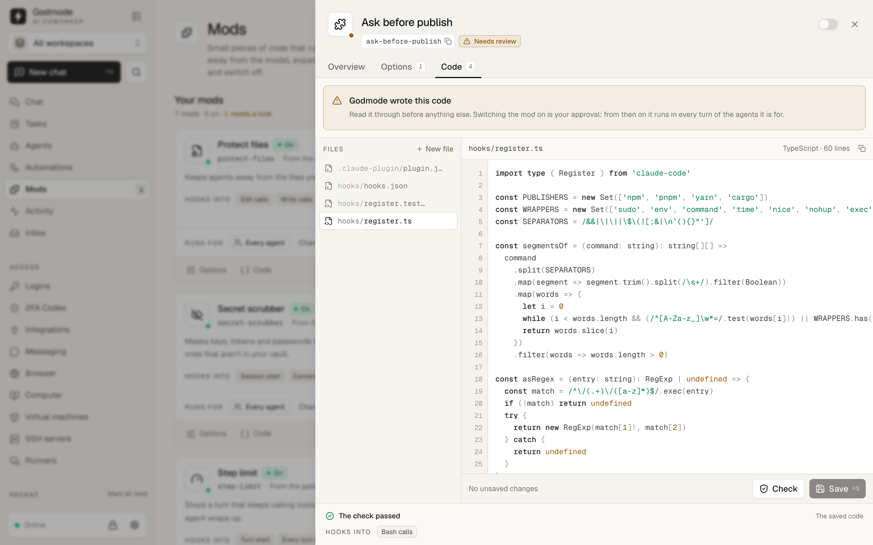 A plugin an agent drafted: its code in the editor, marked for review, with Claude Code's check result underneath