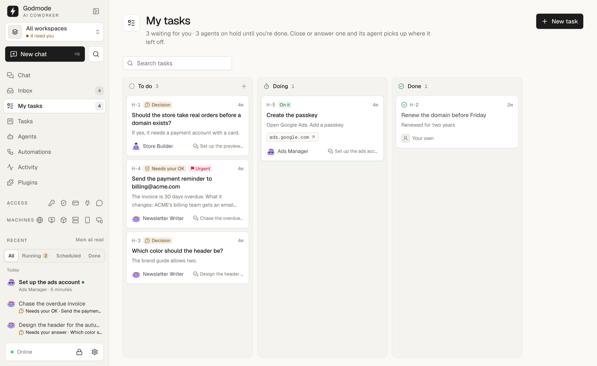 My tasks: a decision, an approval and a question from three agents in To do, a passkey task in Doing