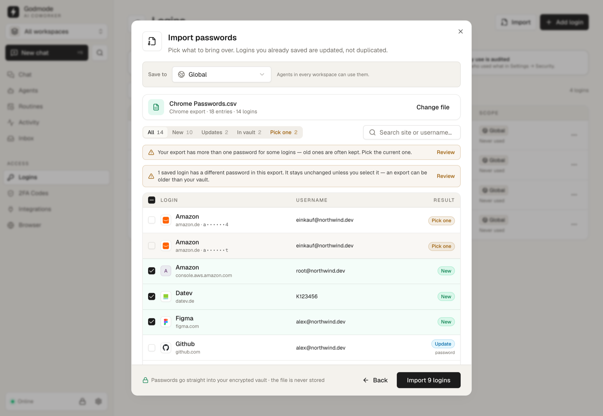 Review which logins an import adds or updates