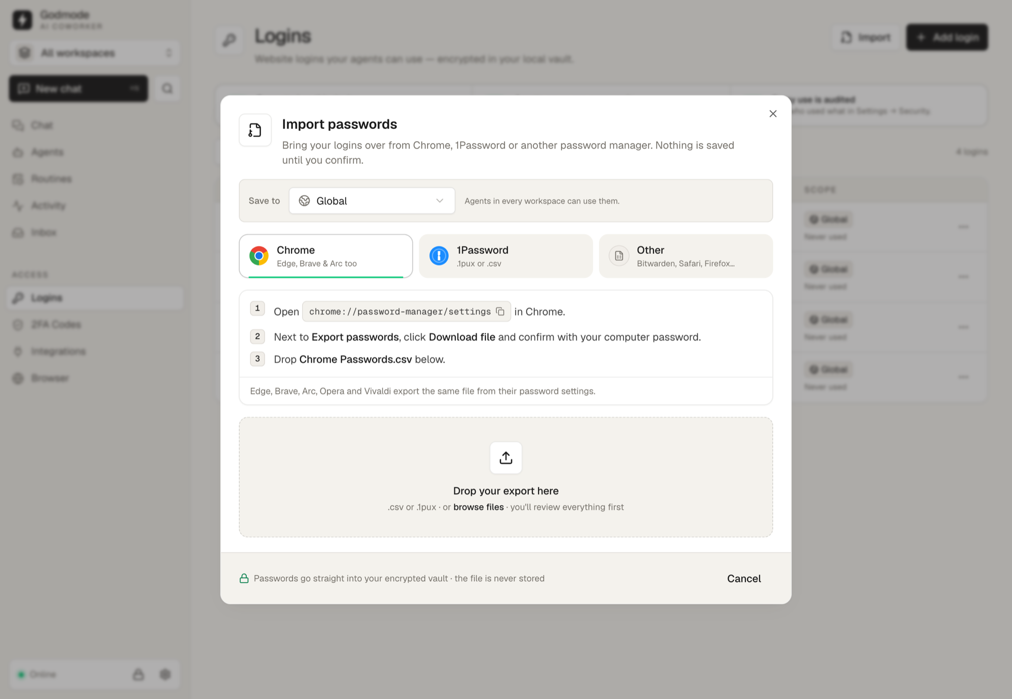 Import passwords from Chrome, 1Password or another password manager