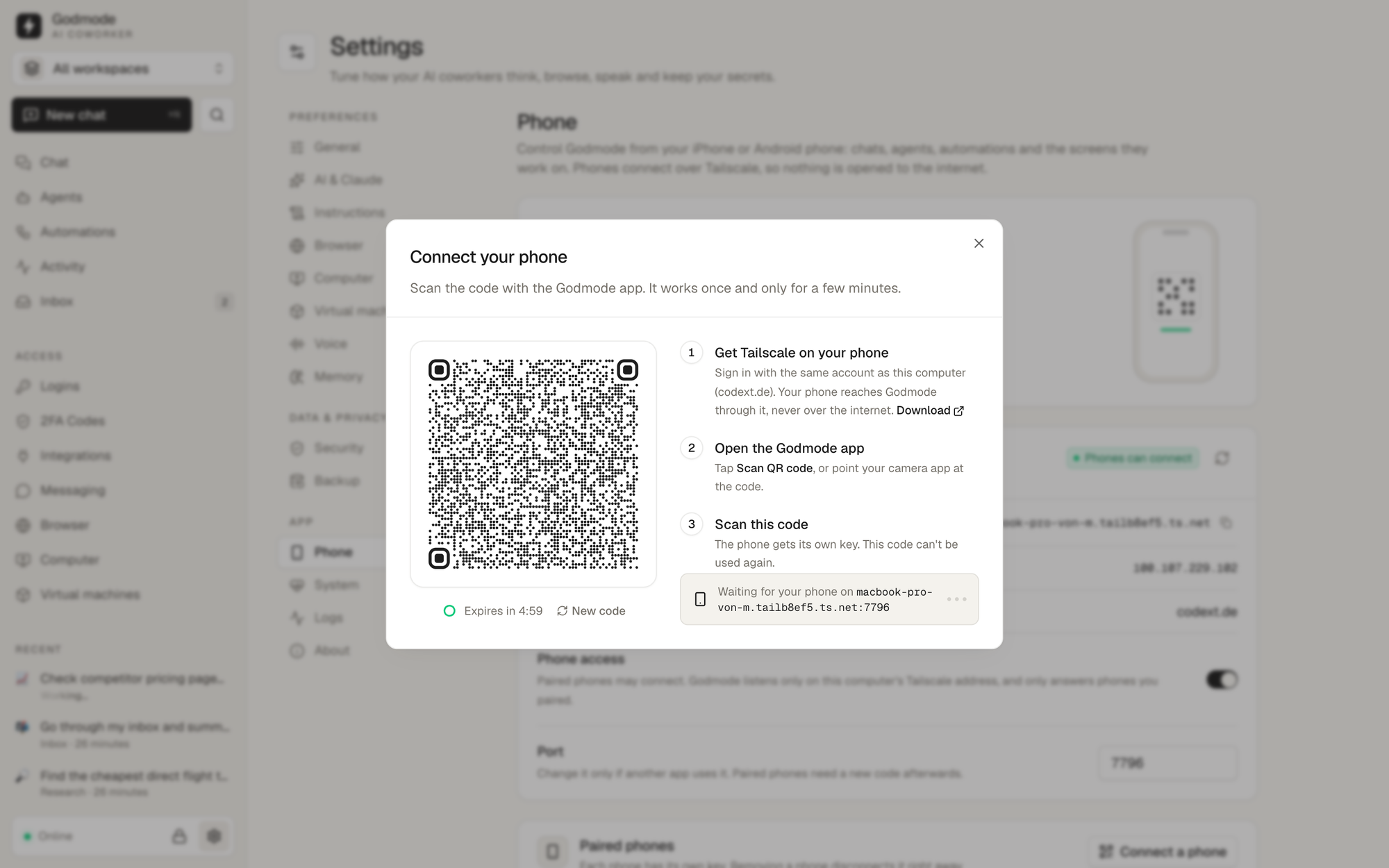 Connect a phone by scanning a one-time QR code