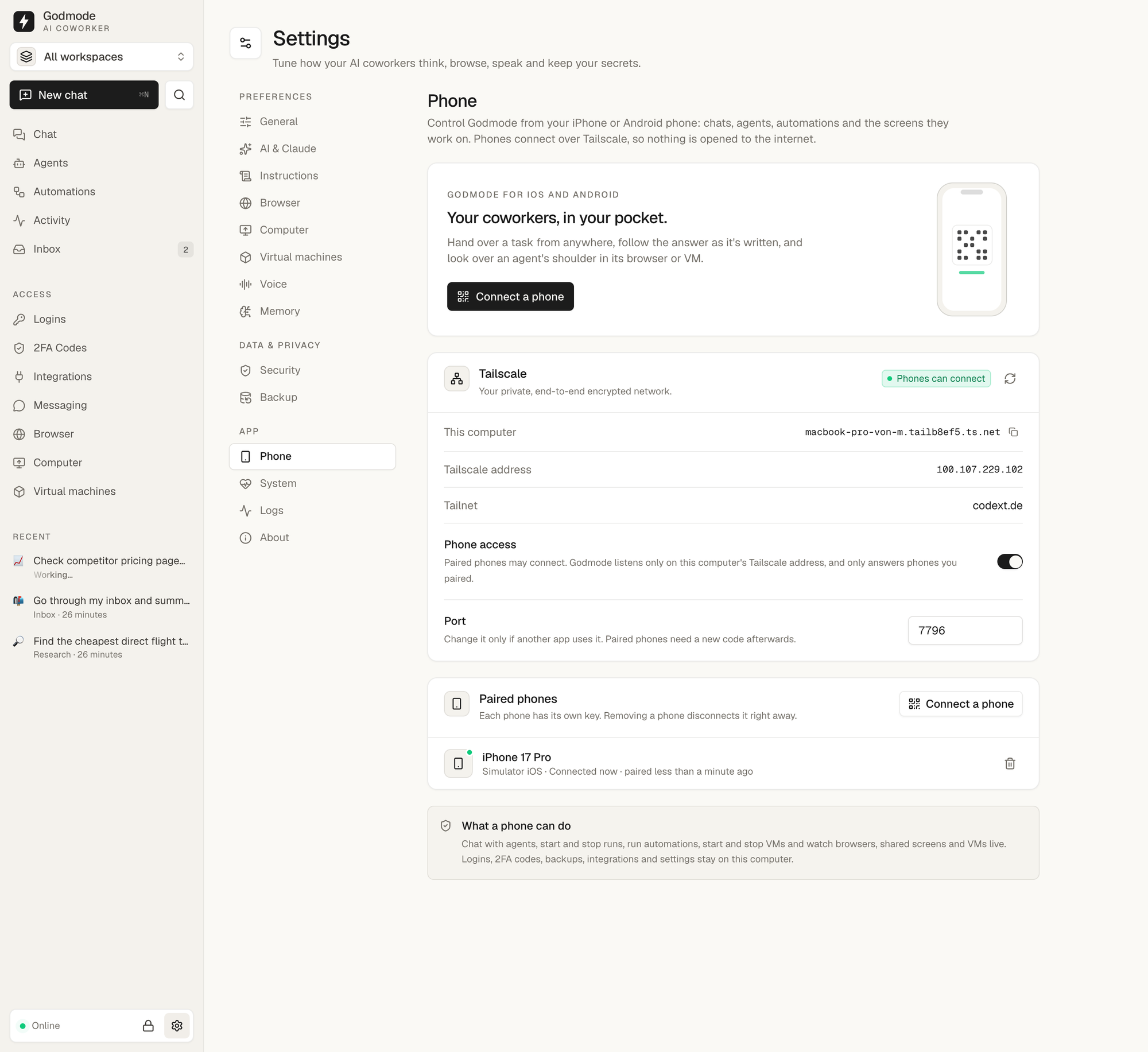 Phone settings: Tailscale status, phone access and paired phones