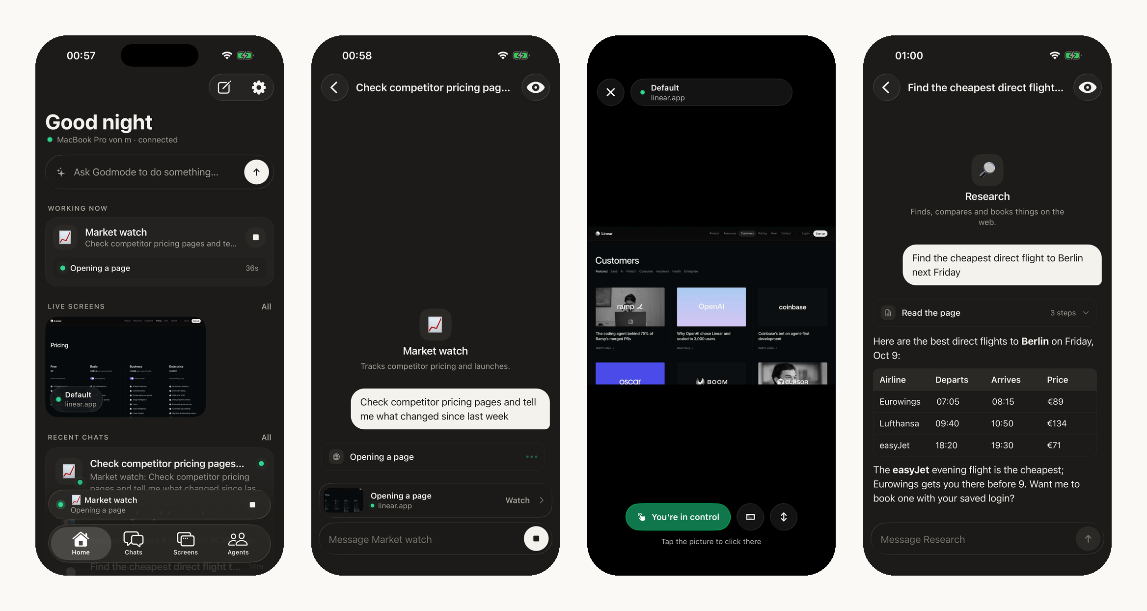 The Godmode phone app: what agents are doing now, a chat with a live browser strip, taking control of the agent's browser, and a finished answer
