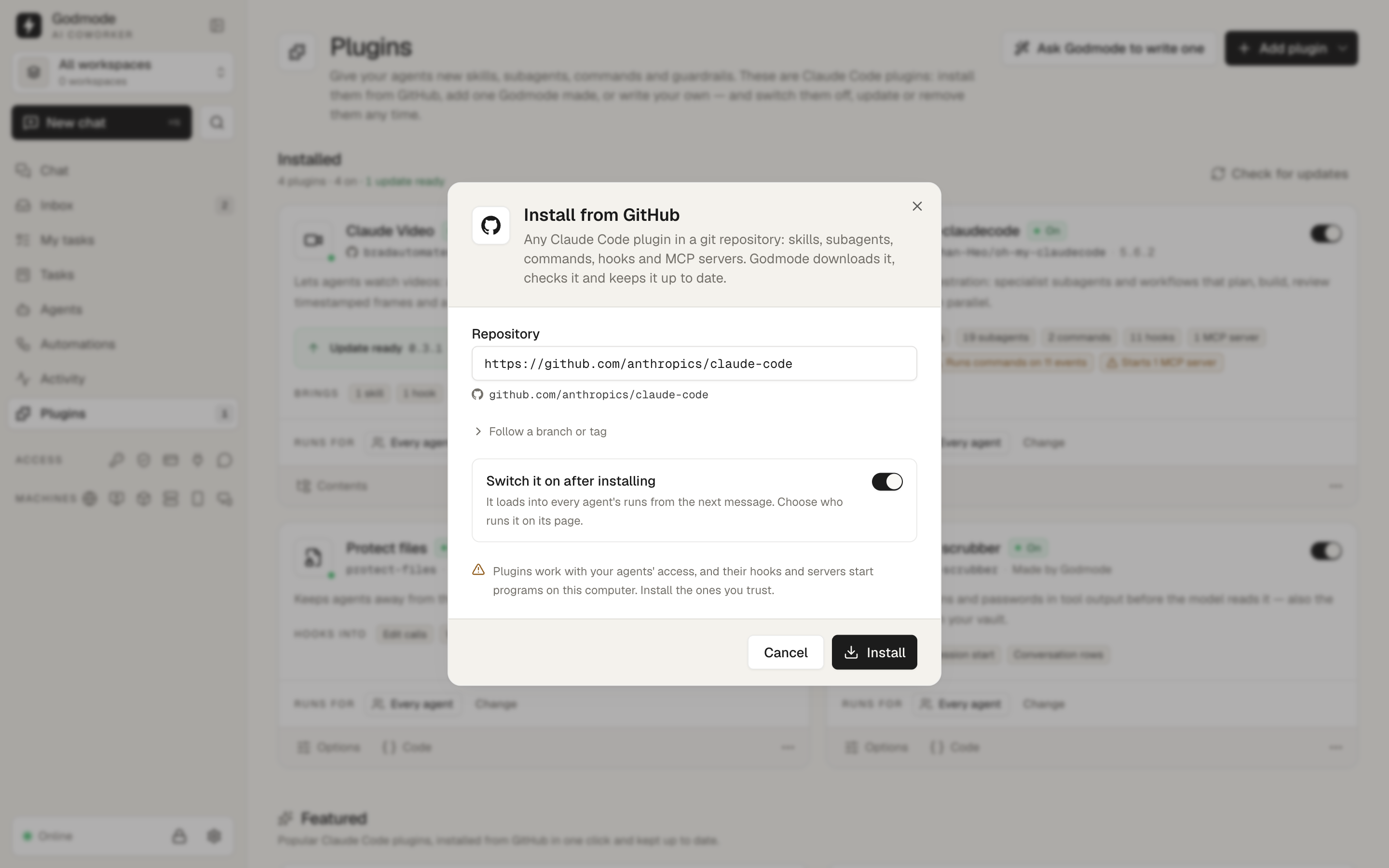 Install from GitHub: a repository, an optional branch or tag, and switching it on after installing