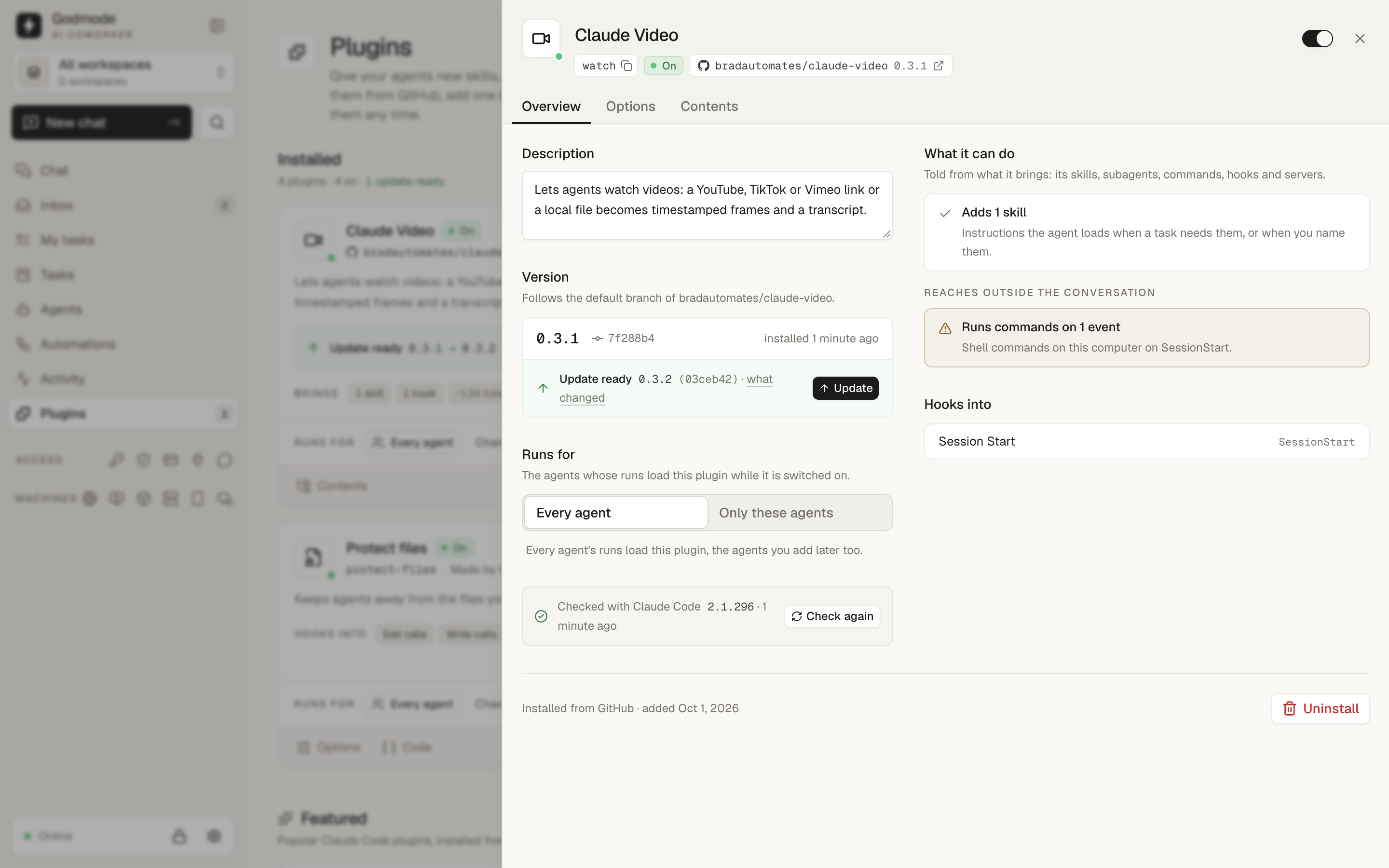 Claude Video's page: its version and commit, an update that is ready, who runs it and what it can do