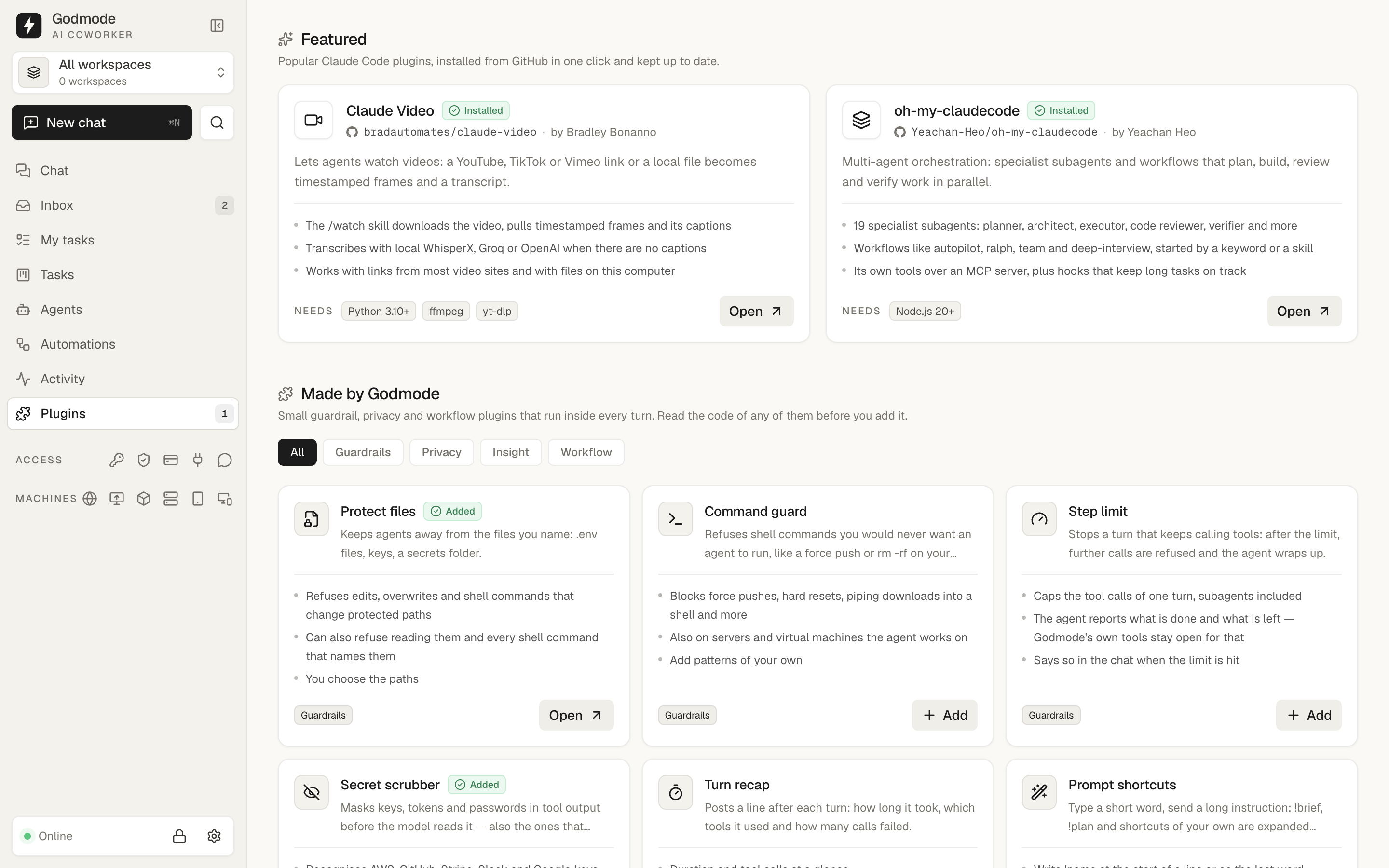 Featured plugins from GitHub, Claude Video and oh-my-claudecode, above the plugins made by Godmode