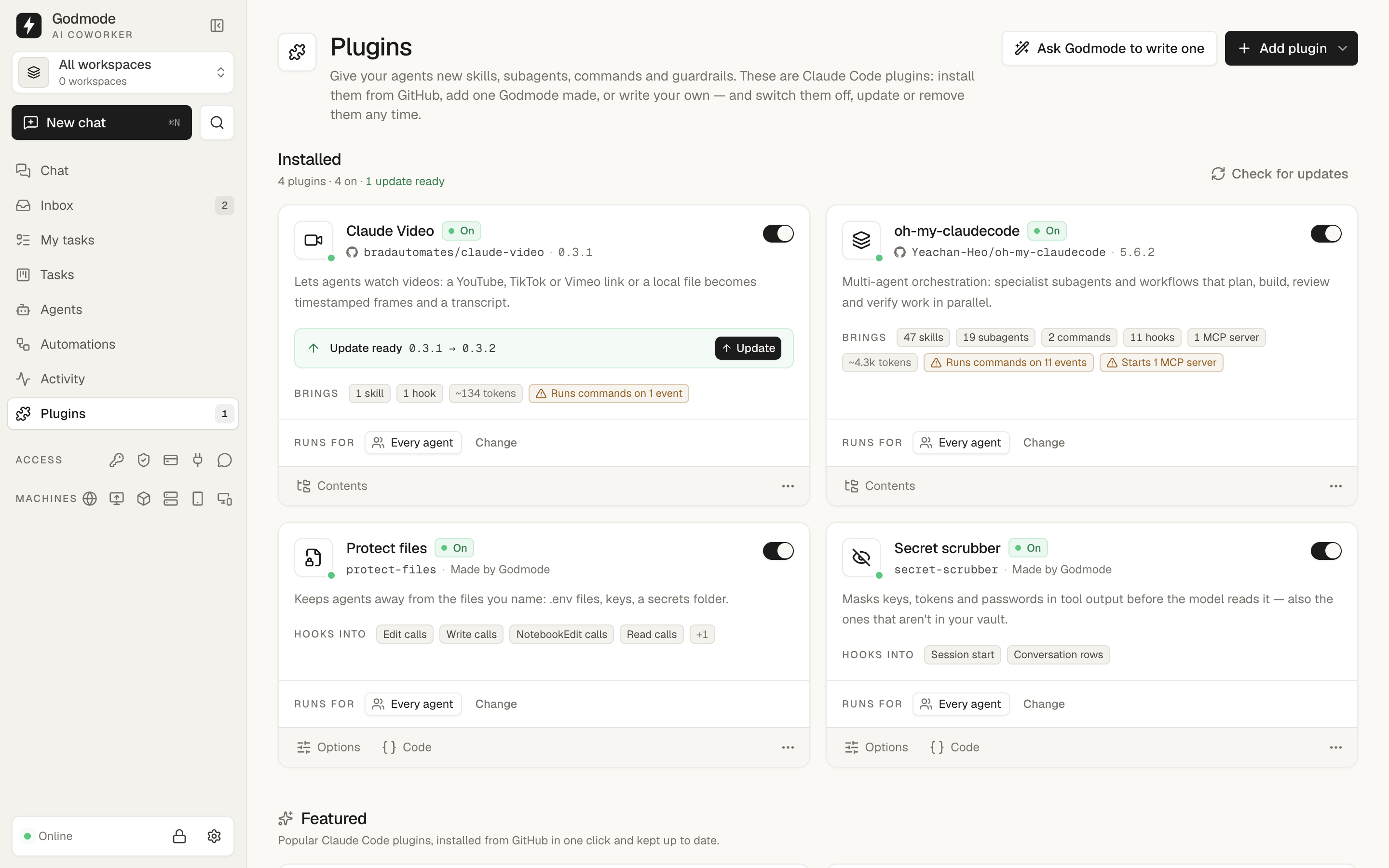The Plugins page: Claude Video with an update ready, oh-my-claudecode with its skills, subagents and hooks, and two plugins made by Godmode