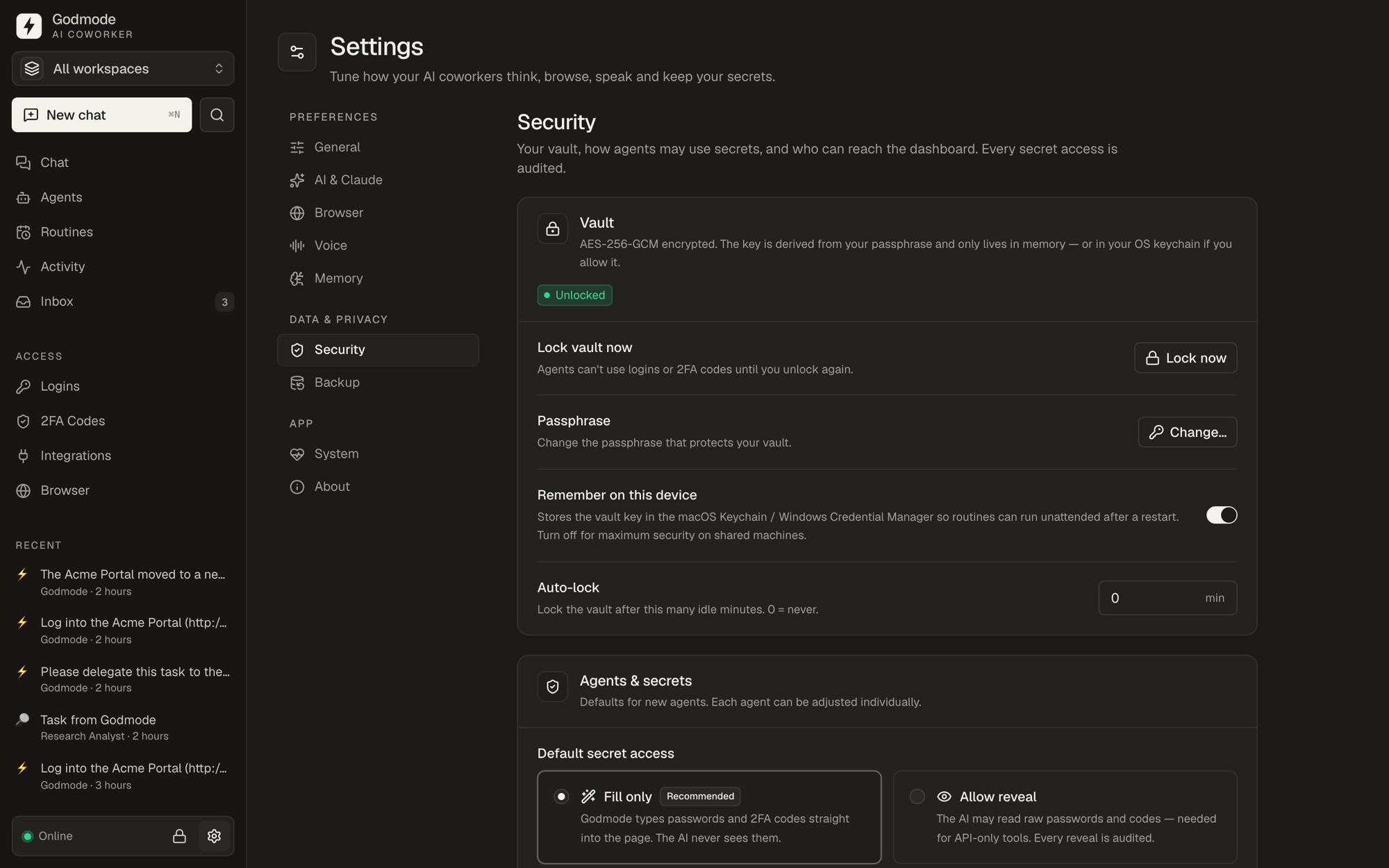 Security settings