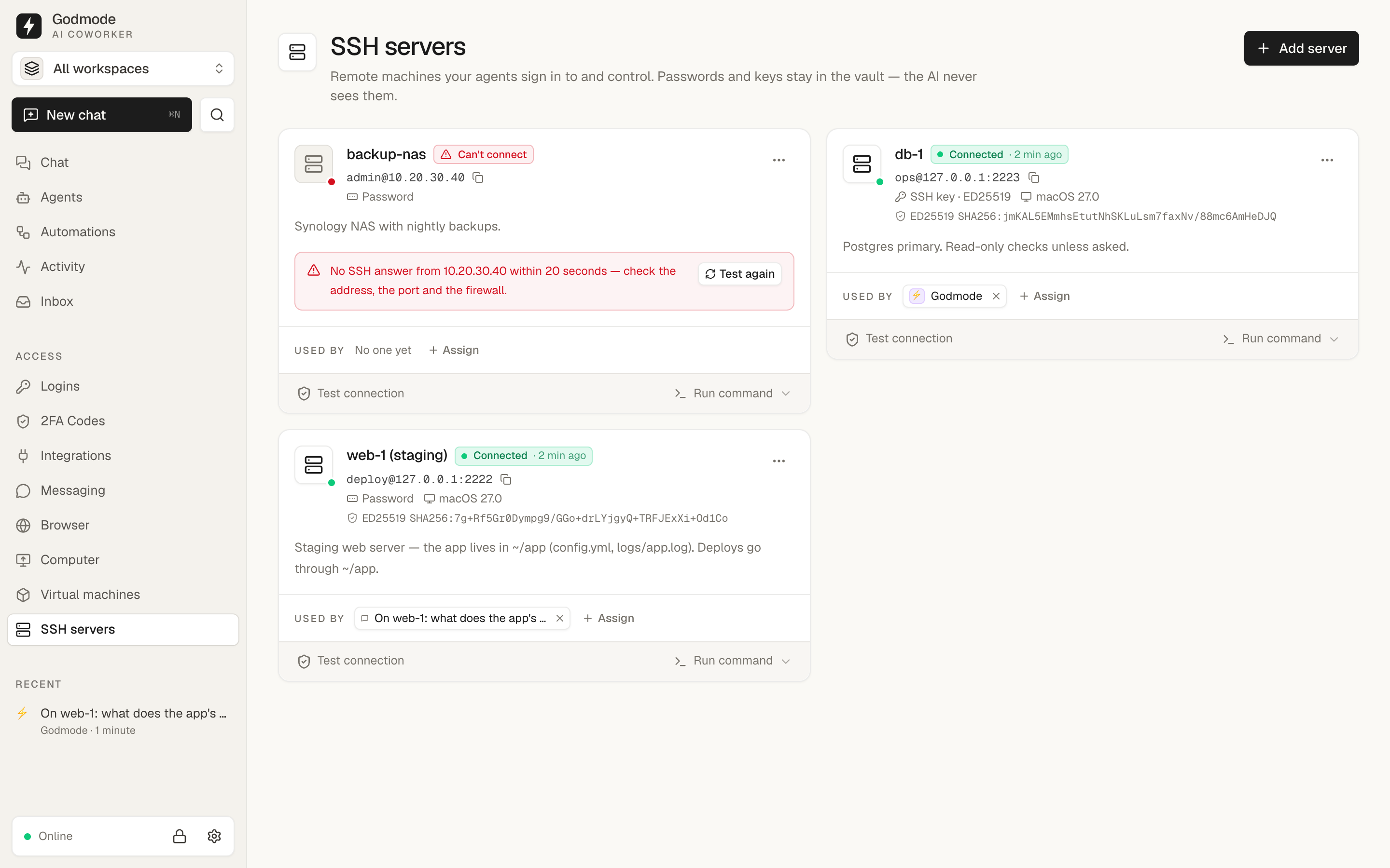 SSH servers with their connection status, pinned host keys and the agents and chats using them