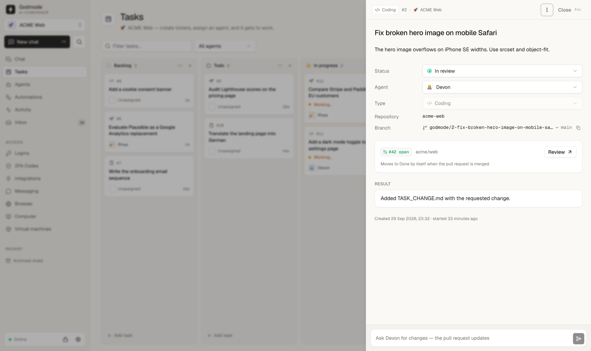 A coding task with its branch and open pull request