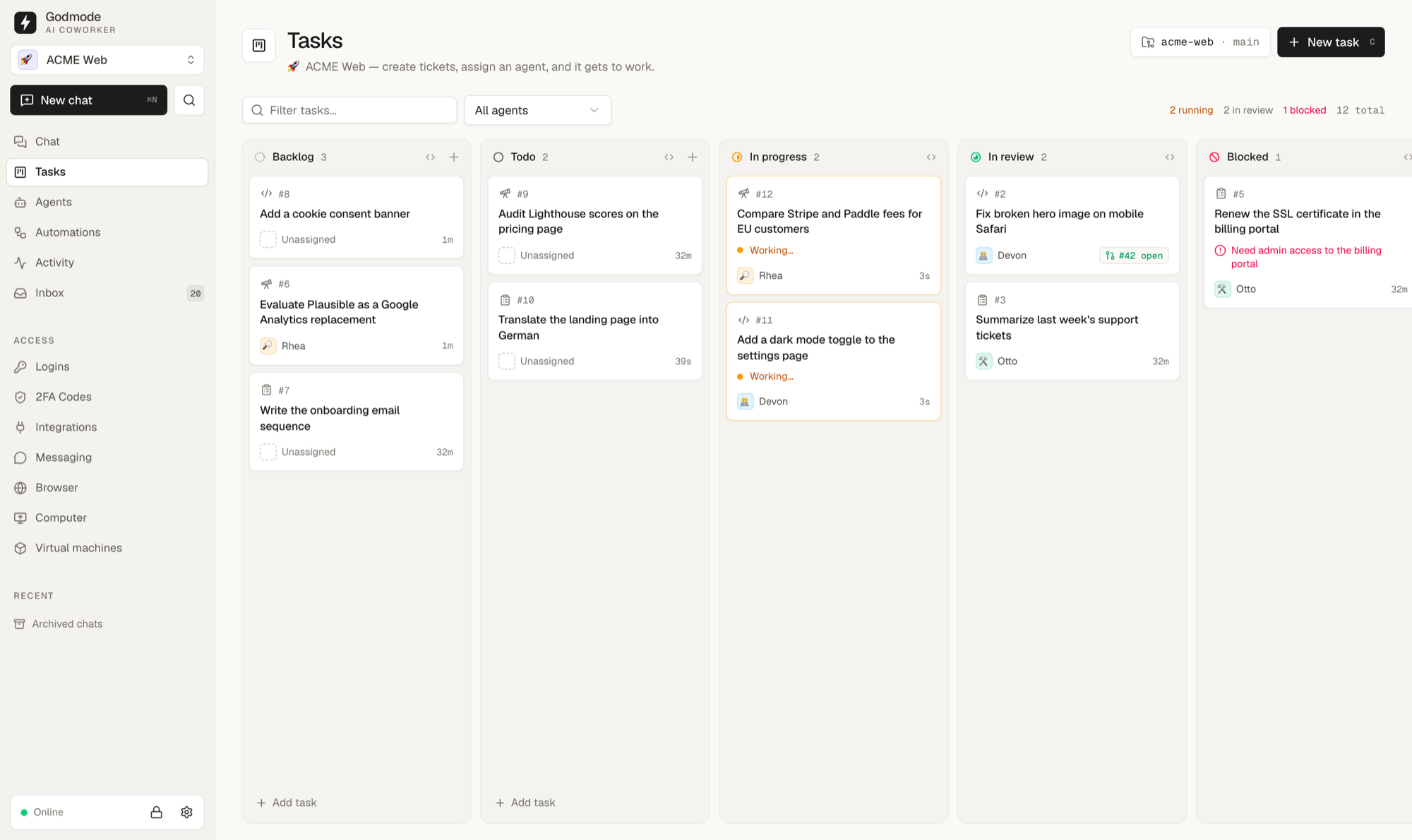 Kanban task board with tickets agents work on