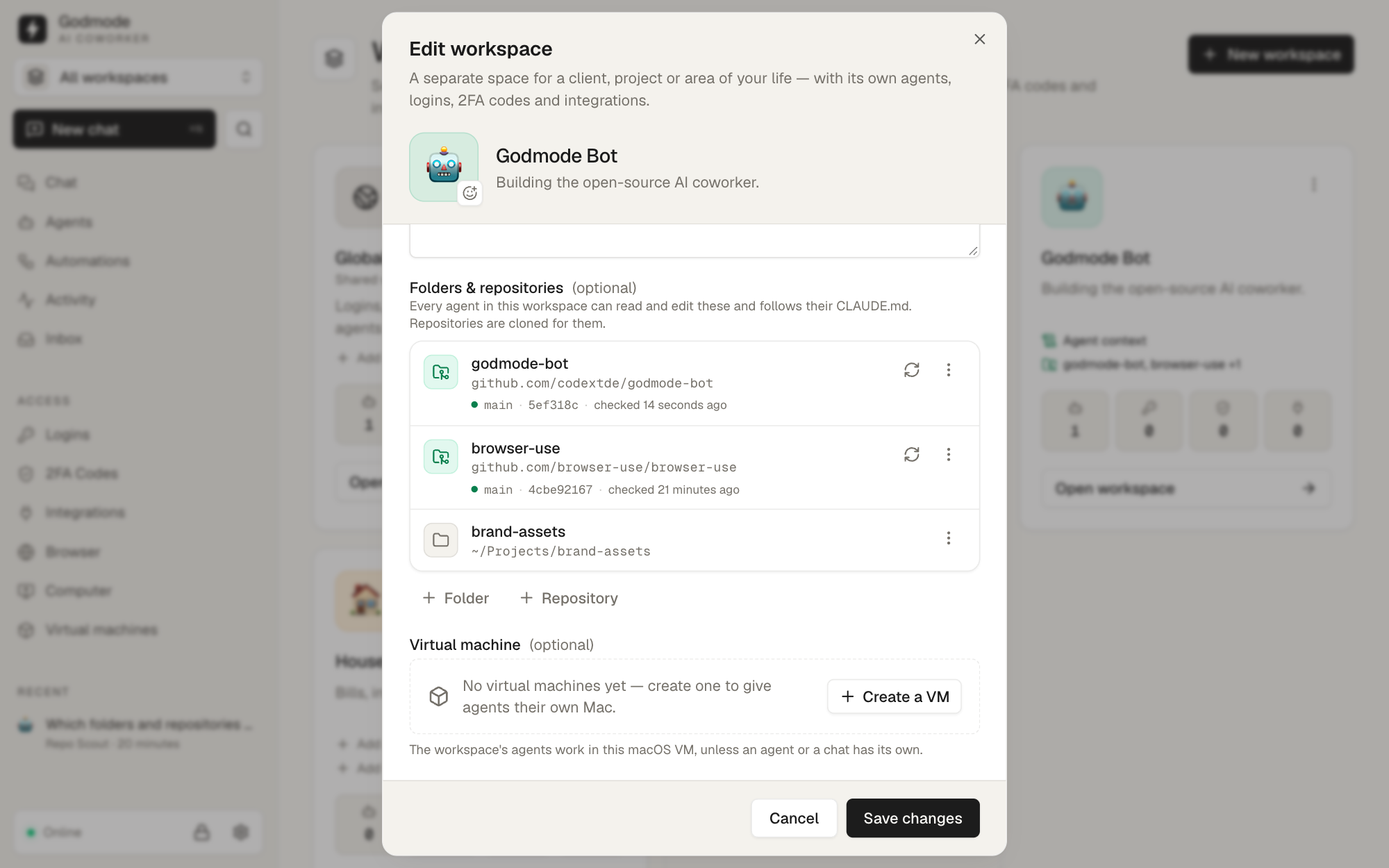 Folders and git repositories attached to a workspace