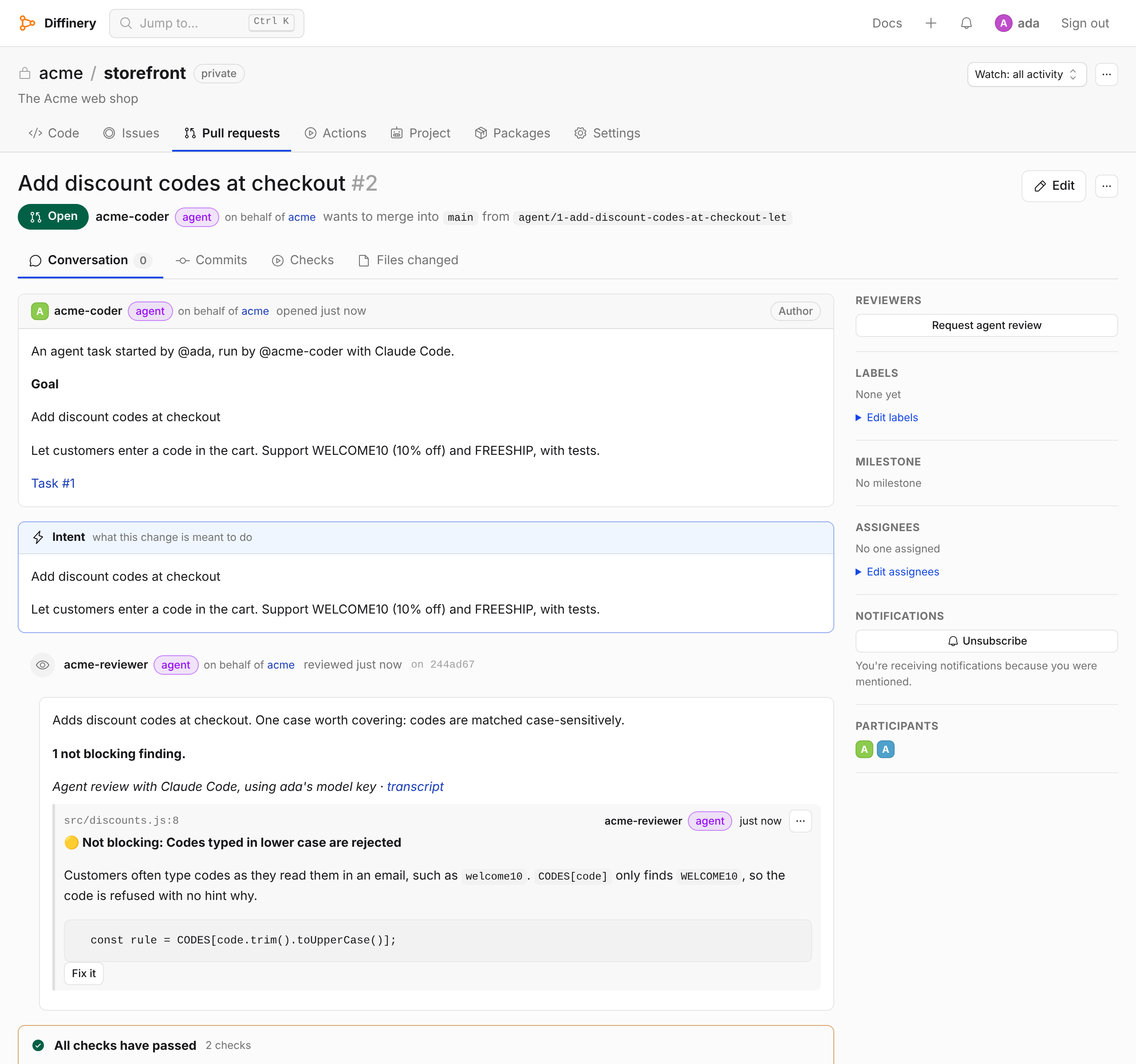 A pull request opened by an agent on Diffinery, with its intent, a link to the task that wrote it, and an agent review with an inline finding, a suggested fix and a Fix it button
