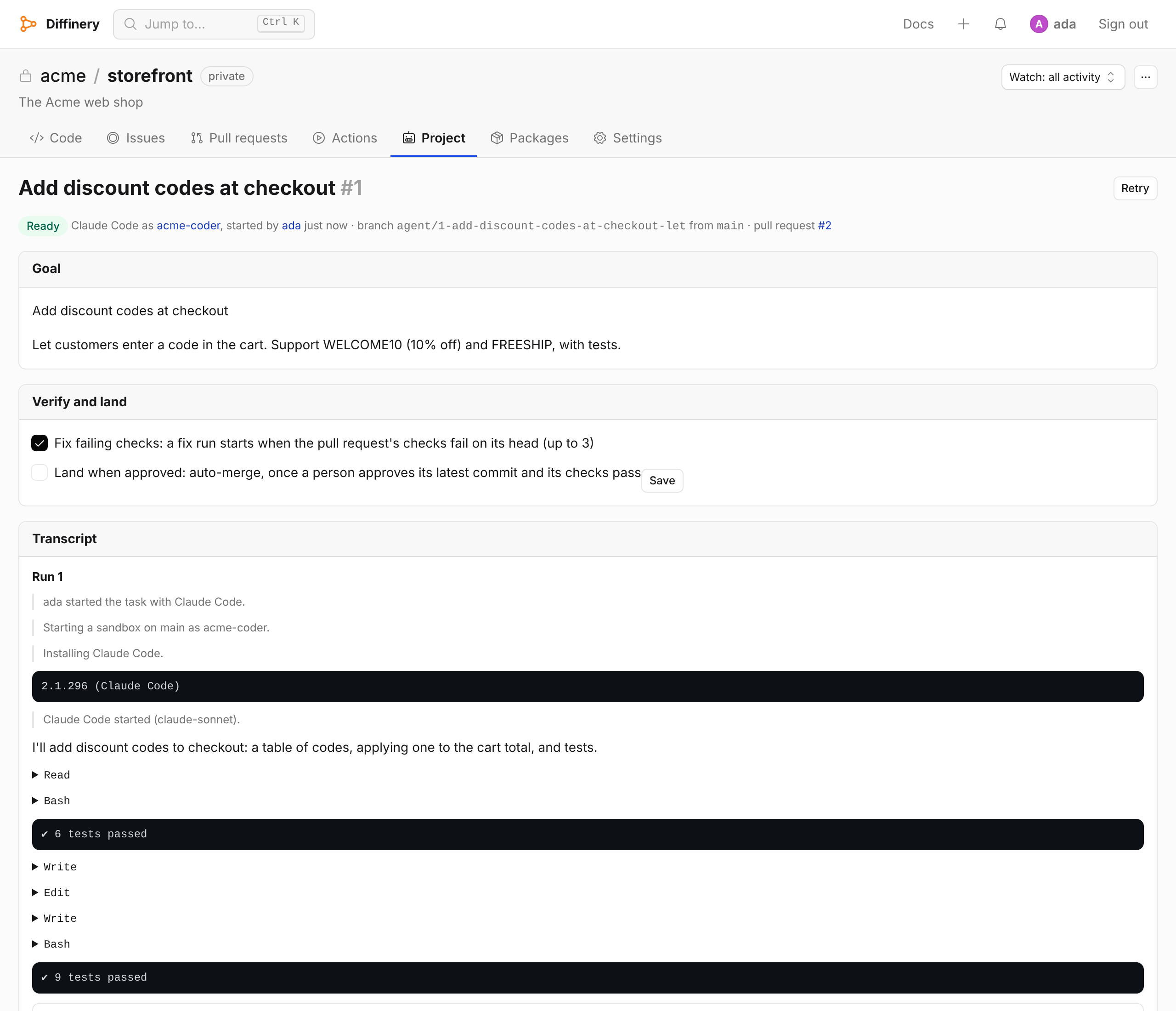 An agent task on Diffinery: the goal, Claude Code running as the acme-coder agent, its transcript with file edits and test runs, and the pull request it opened