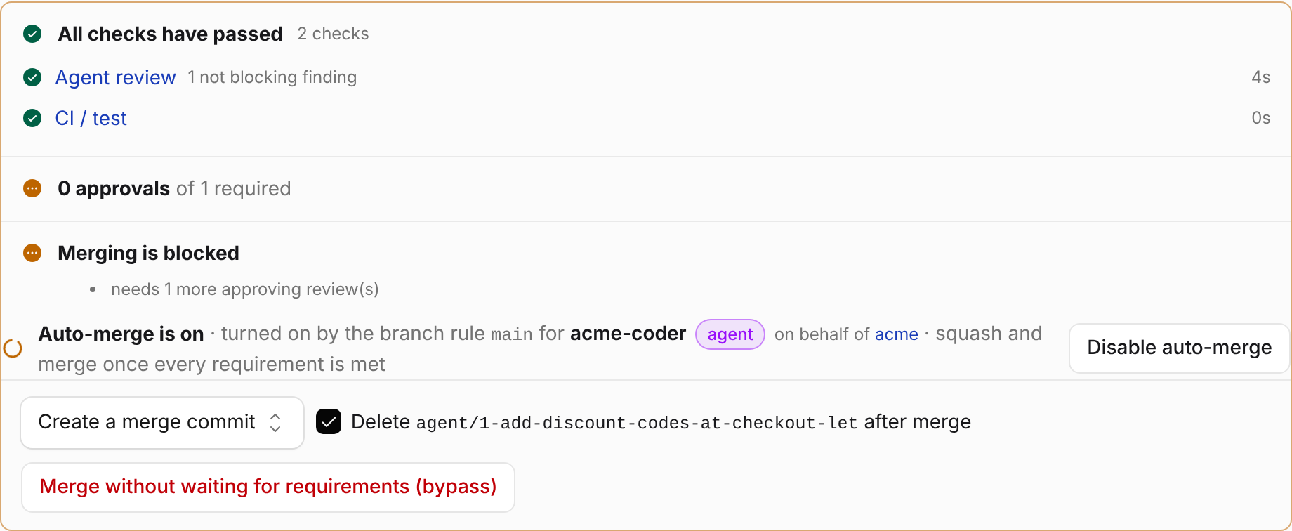 The merge box of an agent's pull request on Diffinery, with its required checks passed and auto-merge on, waiting for a person's approval