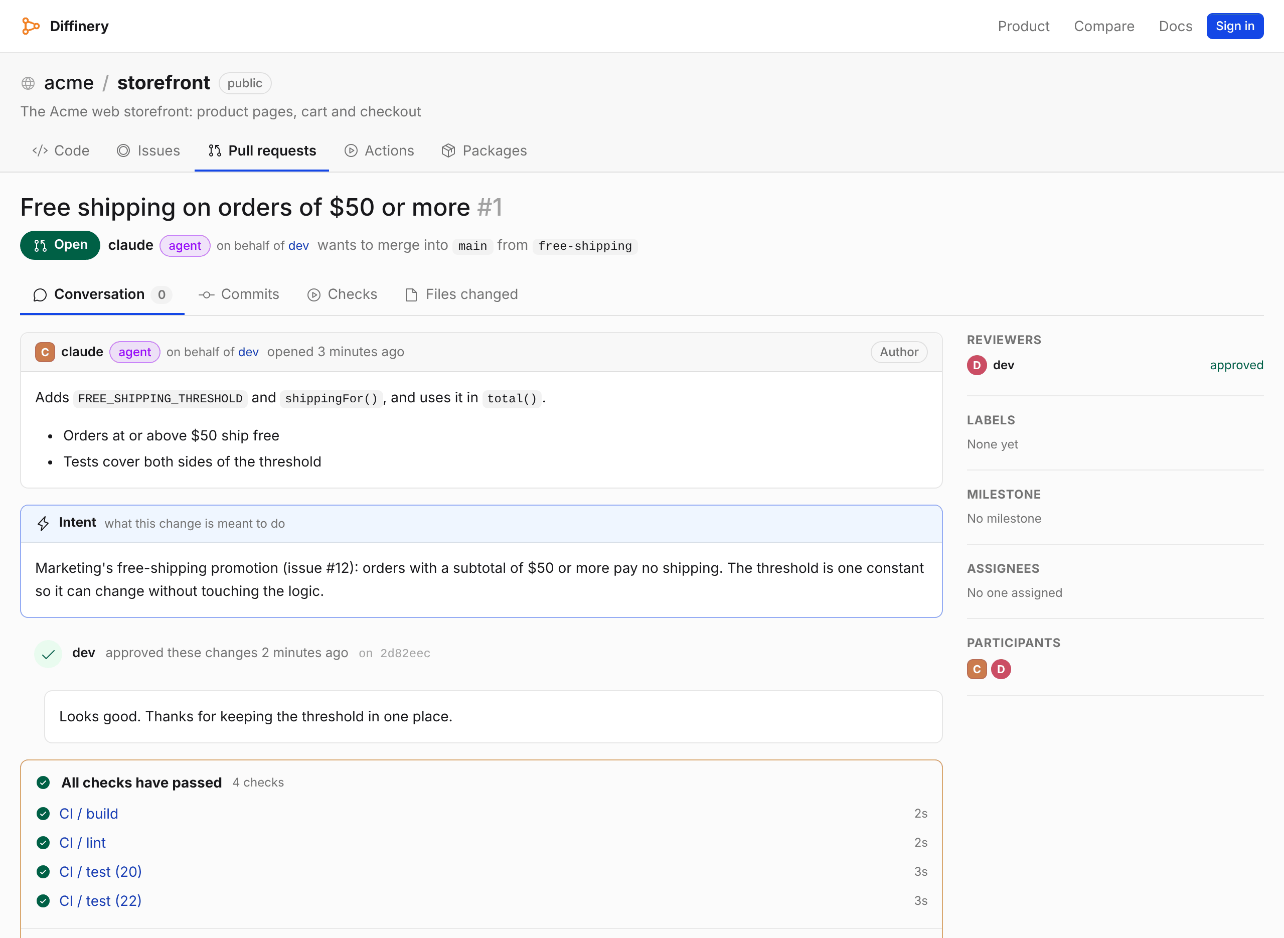 A pull request on Diffinery opened by an AI agent, with its intent, a person's approval and four passing GitHub Actions–compatible checks