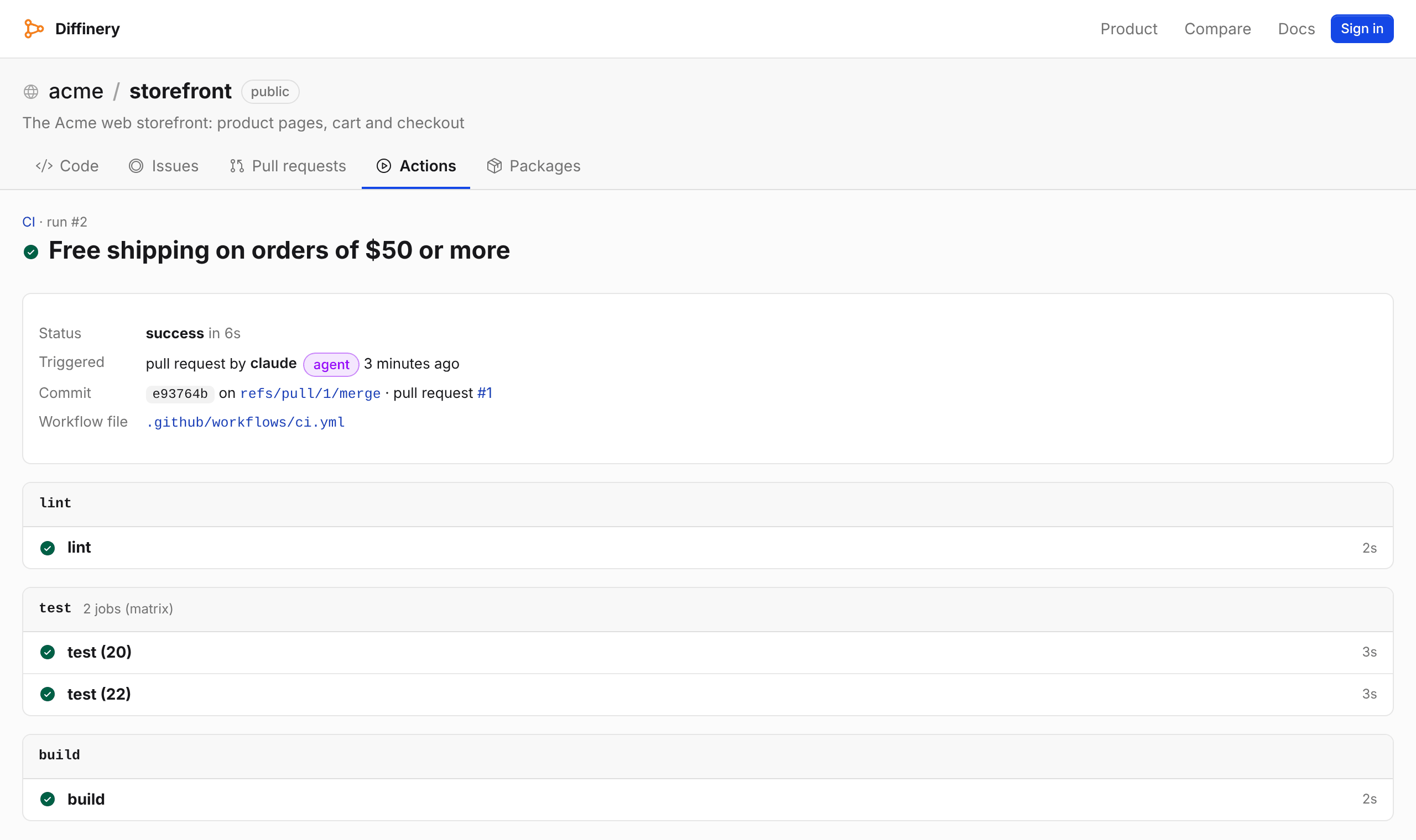 A GitHub Actions–compatible workflow run on Diffinery