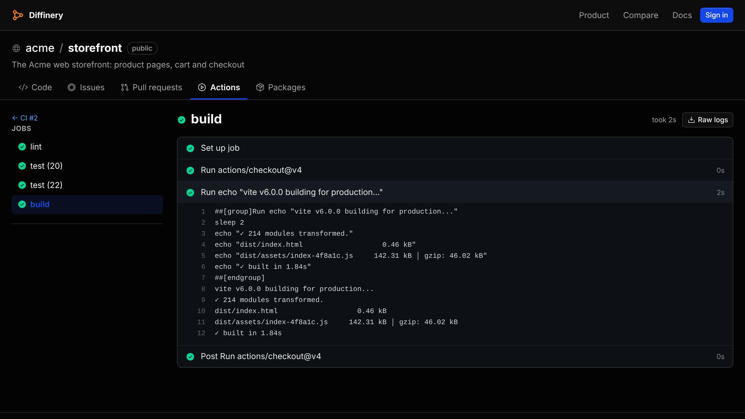 A job's live log on Diffinery, in dark mode