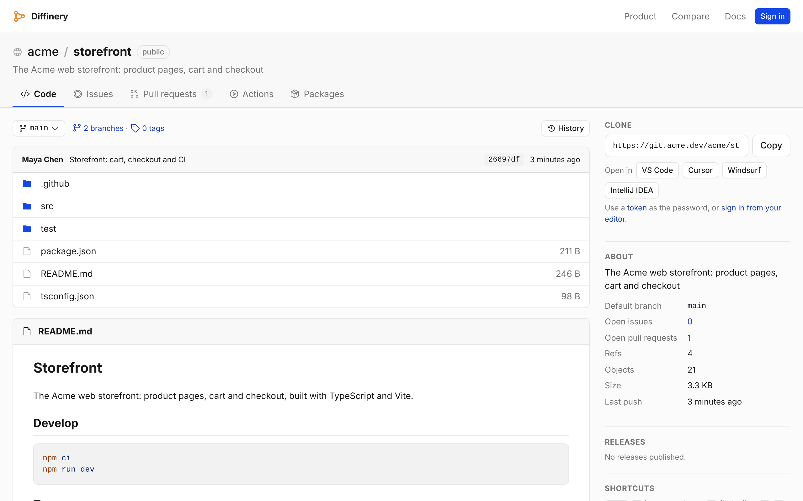 A repository's code page on Diffinery