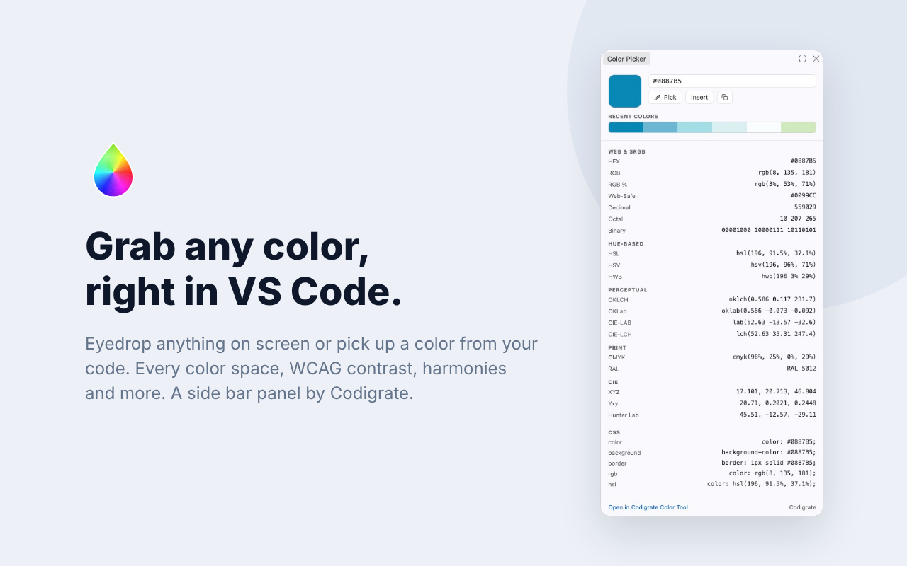 Grab any color, right in VS Code: the Color Picker side bar panel with a picked indigo in every color space