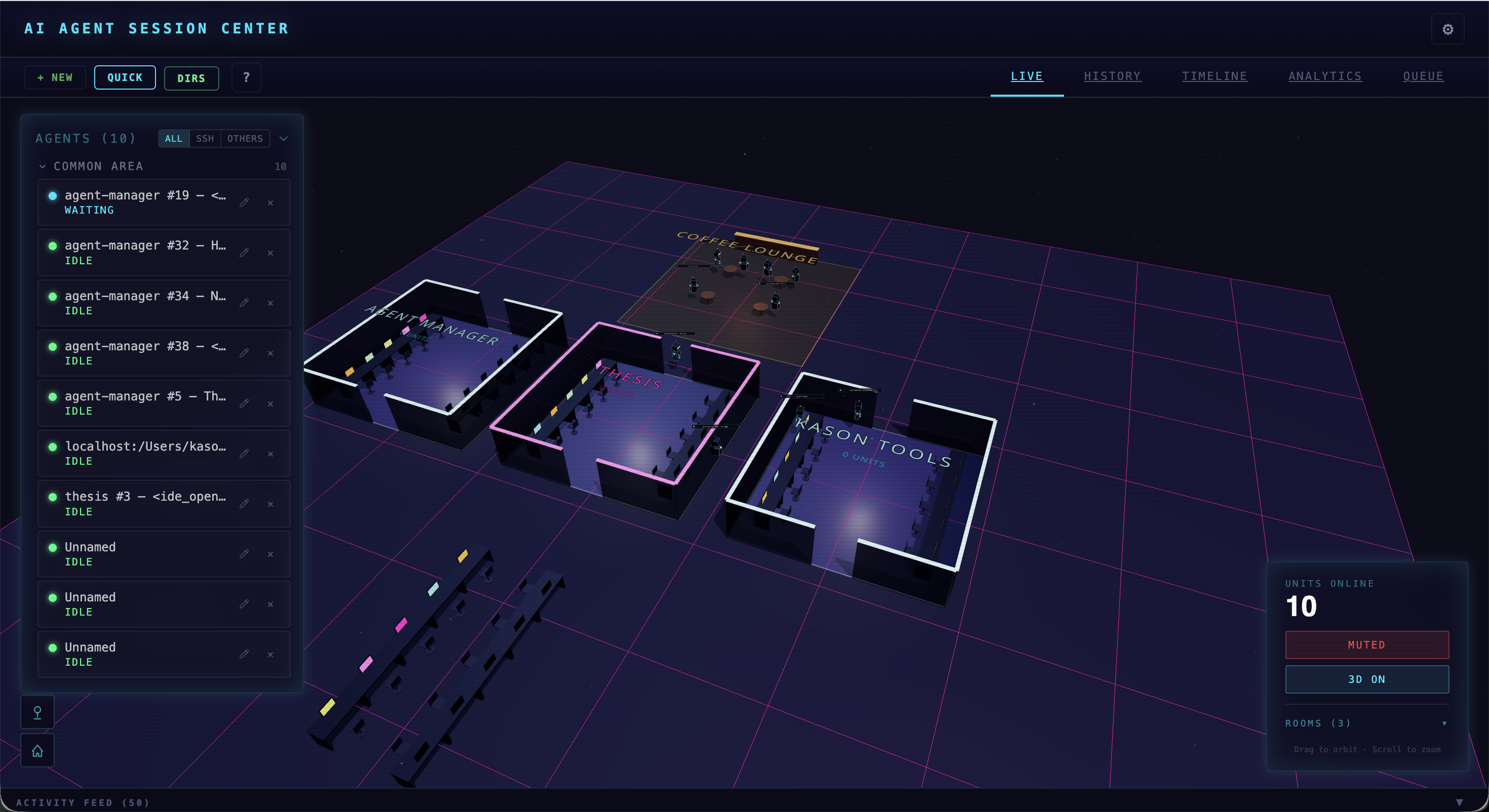 3D cyberdrome with active agent sessions across project rooms