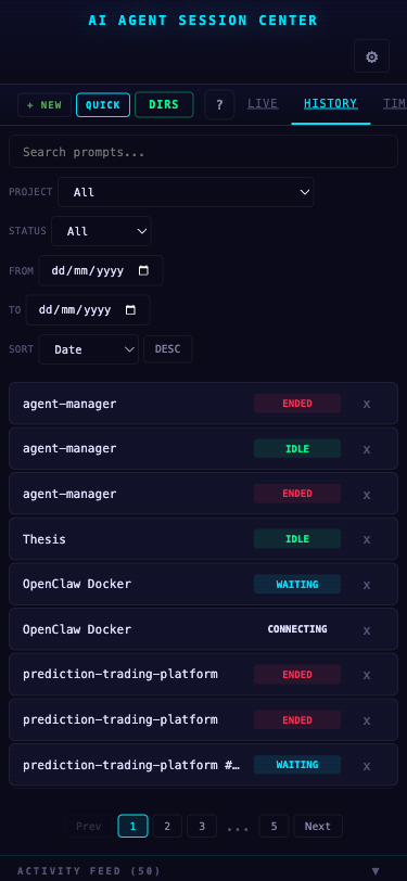 Mobile — session history with filters