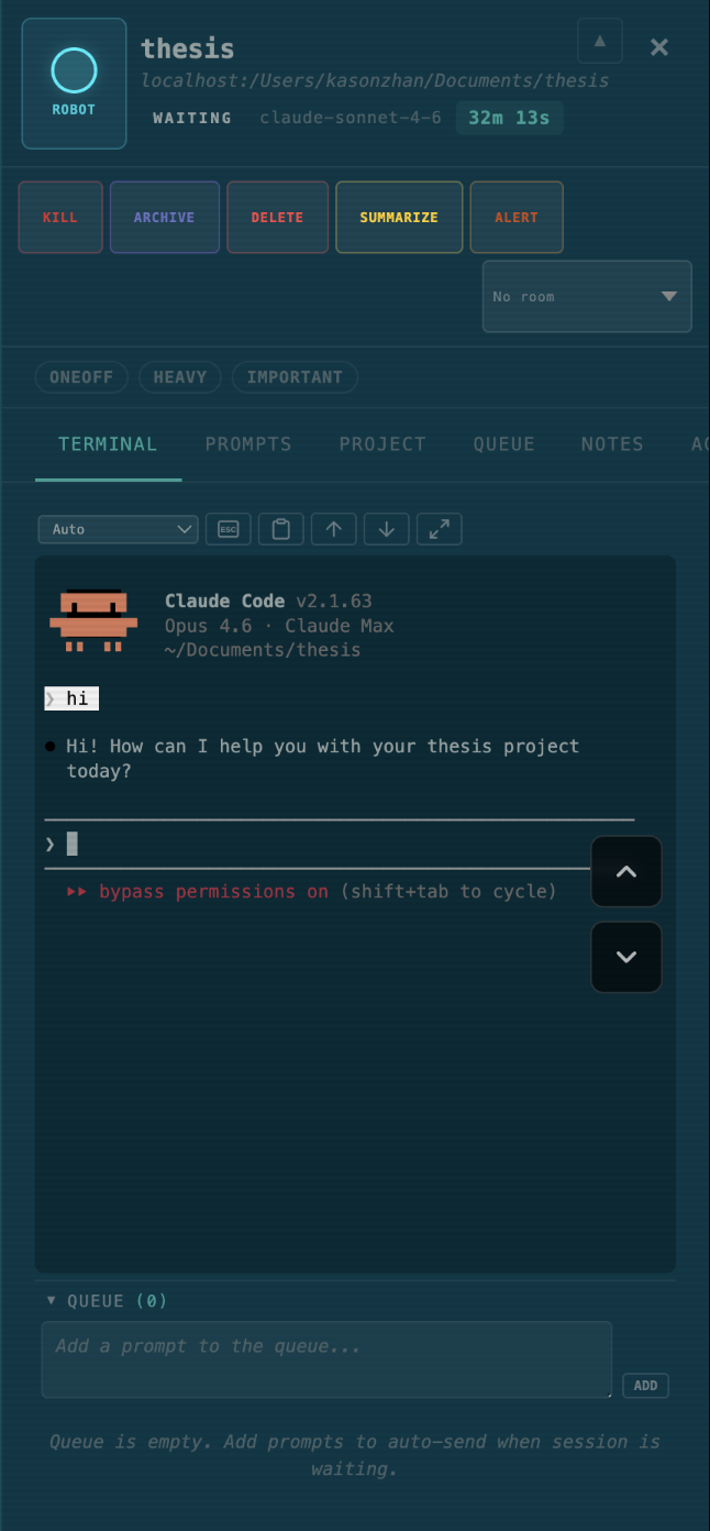 Mobile — terminal tab with live conversation