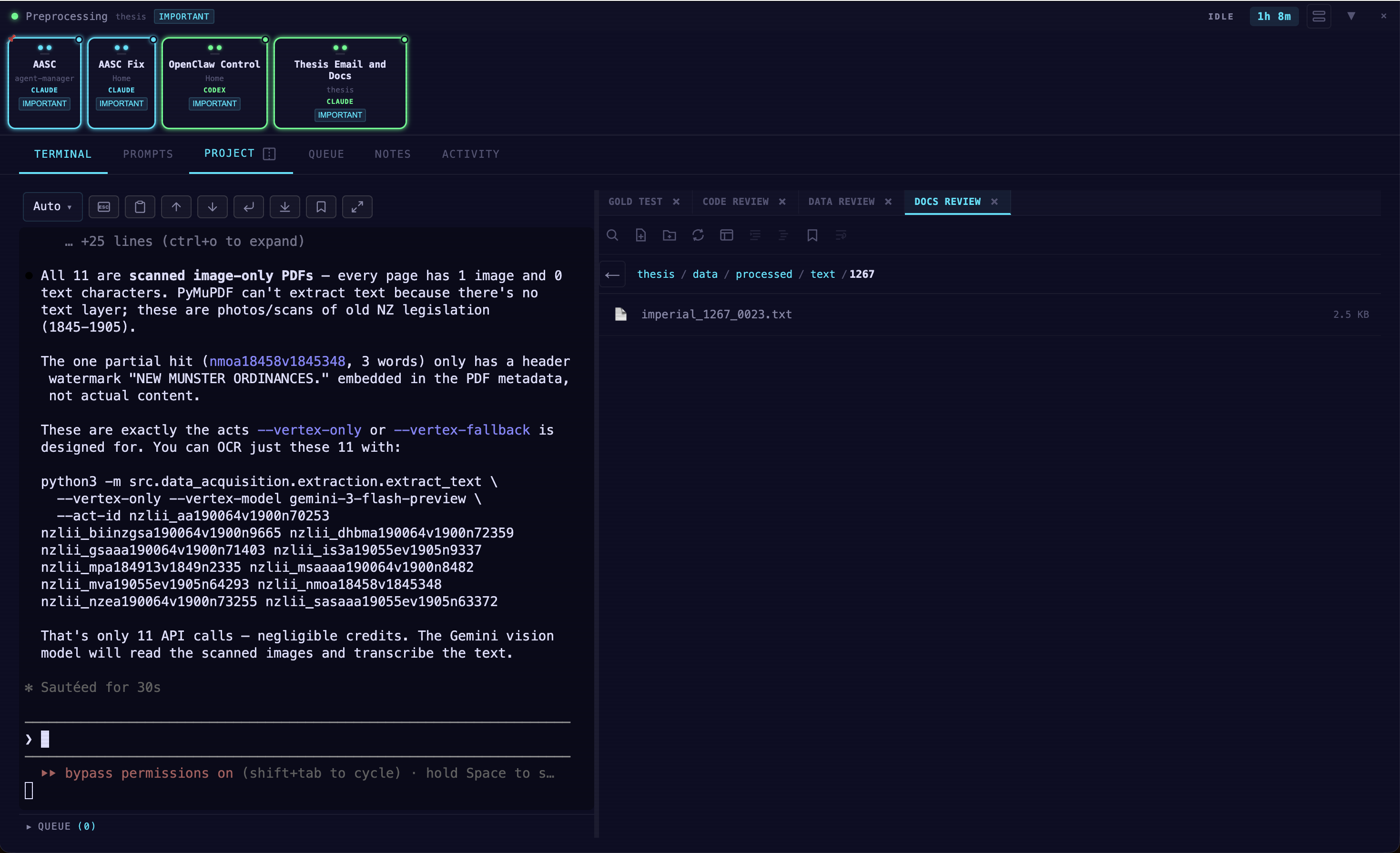 Split view with detailed session switcher cards — terminal and project file browser side by side