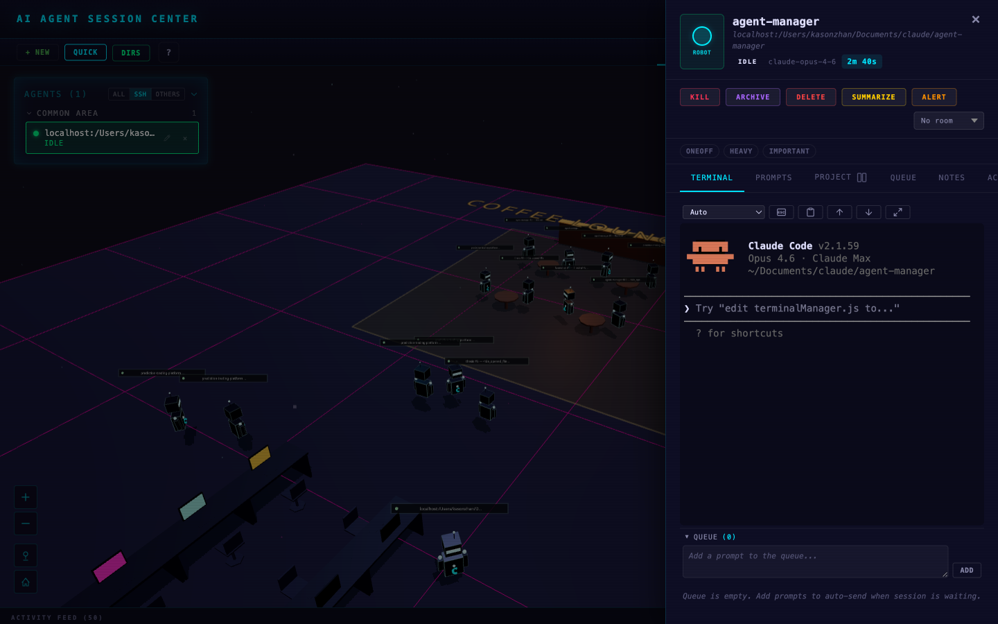 SSH terminal session — control agents from the dashboard