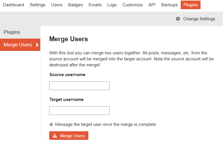 Screenshot of the Merge Users admin panel