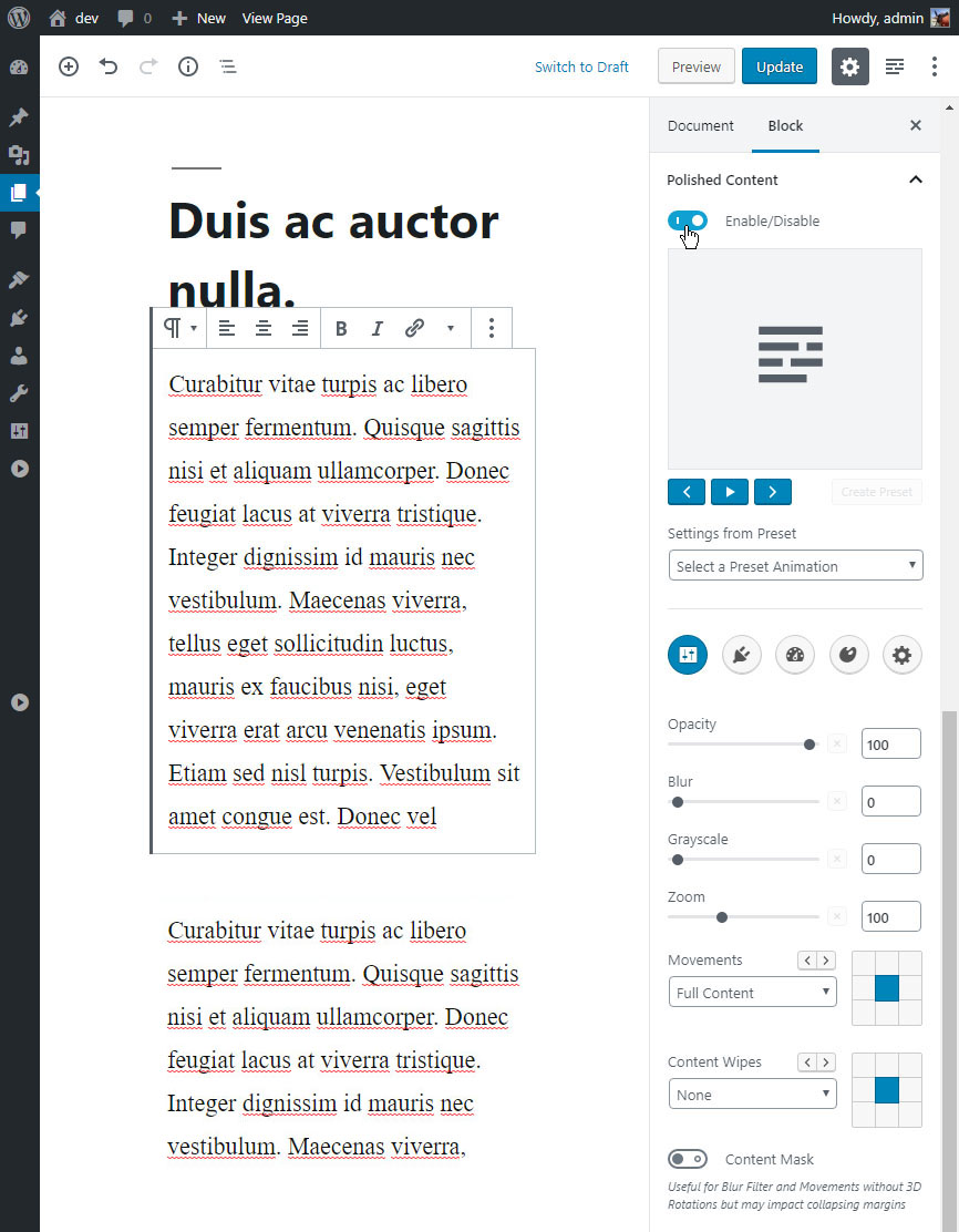 Screenshot of the Plugin's Animation Editor, editing a post in WordPress