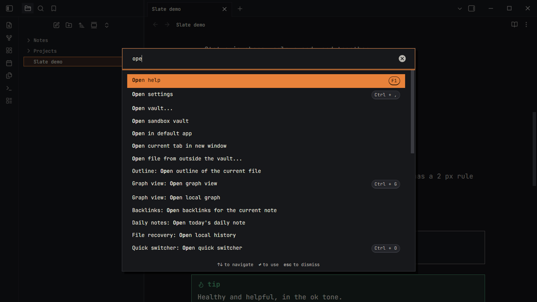 The command palette with the chosen row in solid ember