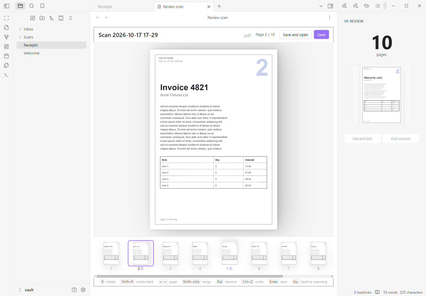 The review screen: an editable file name, the page counter, Save and open and Save buttons, a large page, a filmstrip with rotated pages marked, and a keyboard hint bar.