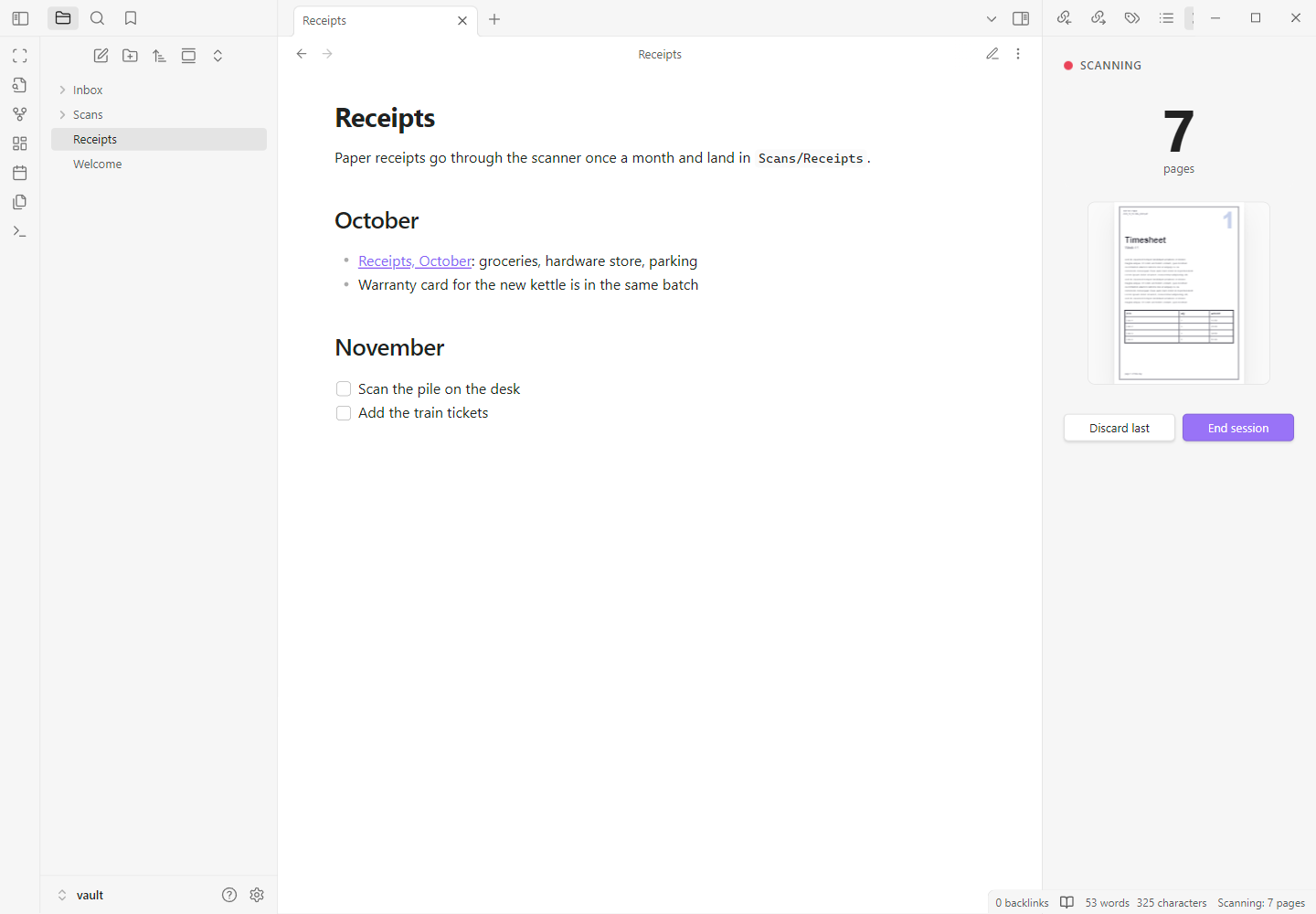 The scanning side pane showing 7 pages, a preview of the last page, and the Discard last and End session buttons.