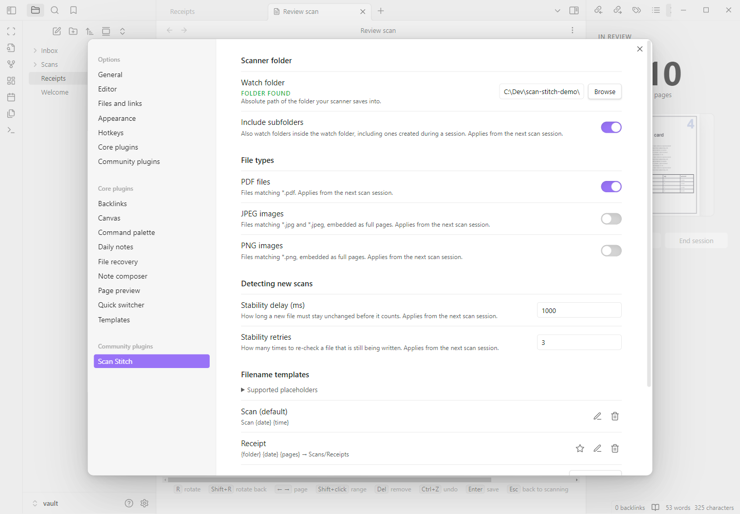 Scan Stitch settings: watch folder with a Browse button, include subfolders, file types, stability delay and retries, and filename templates.